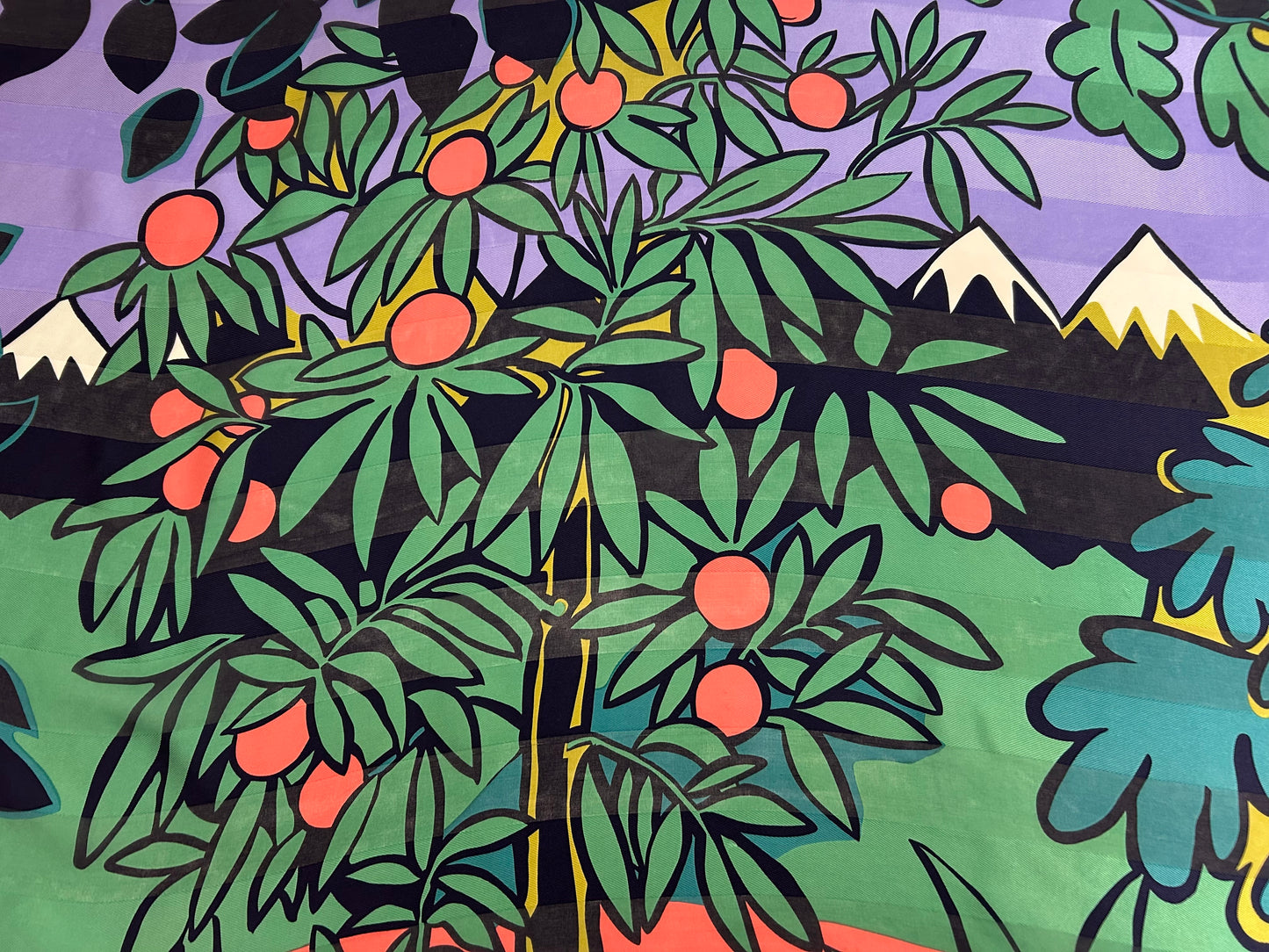 Vintage PATRICK STOFFEL Teal Green Orange & Lilac Tree & Mountain Print Collectable Silk Scarf 90cm x 87cm