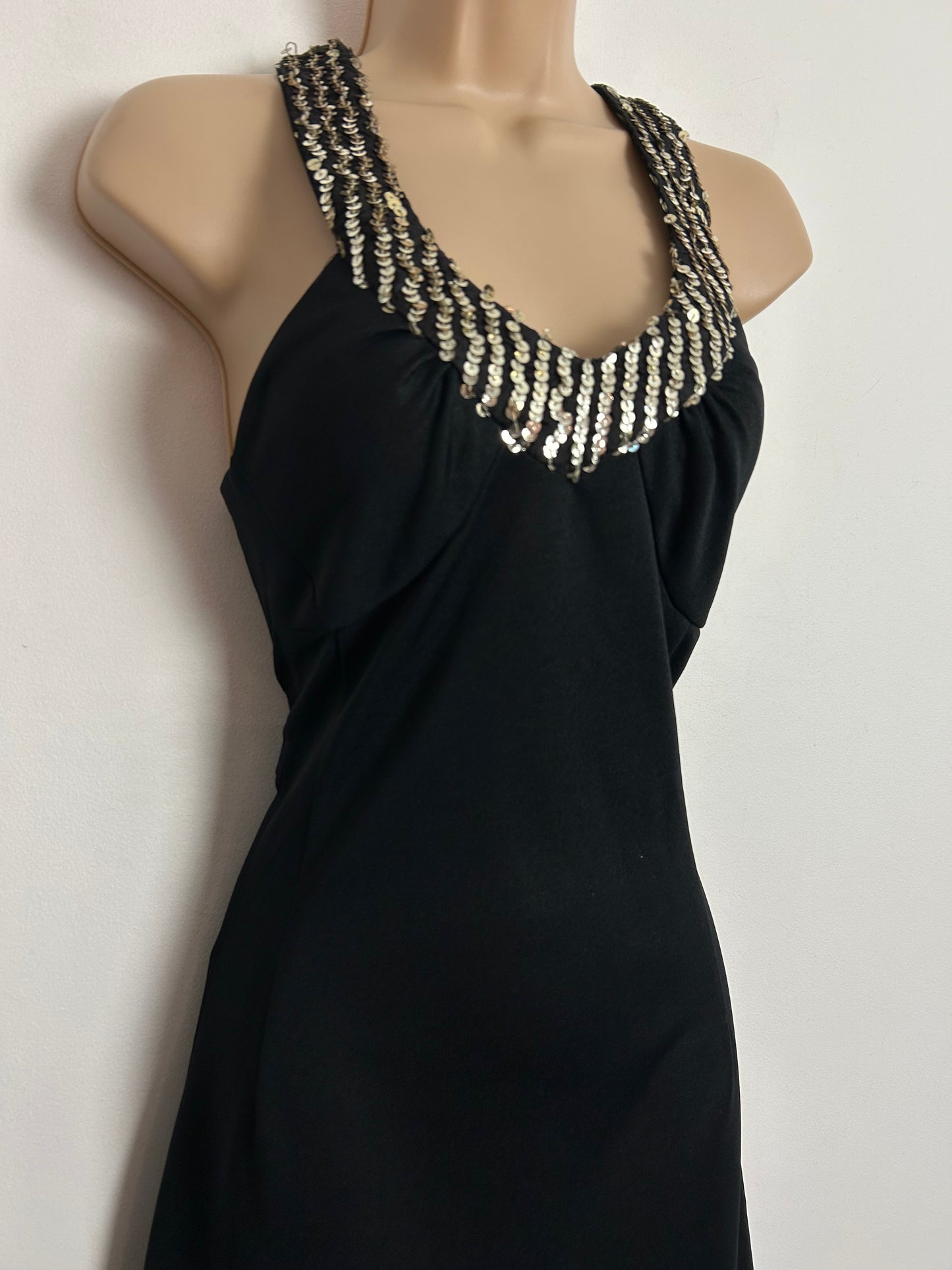 Vintage 1970s PENELOPE PEEP UK Size 6 Black Sequin Embellished Evening Party Maxi Dress