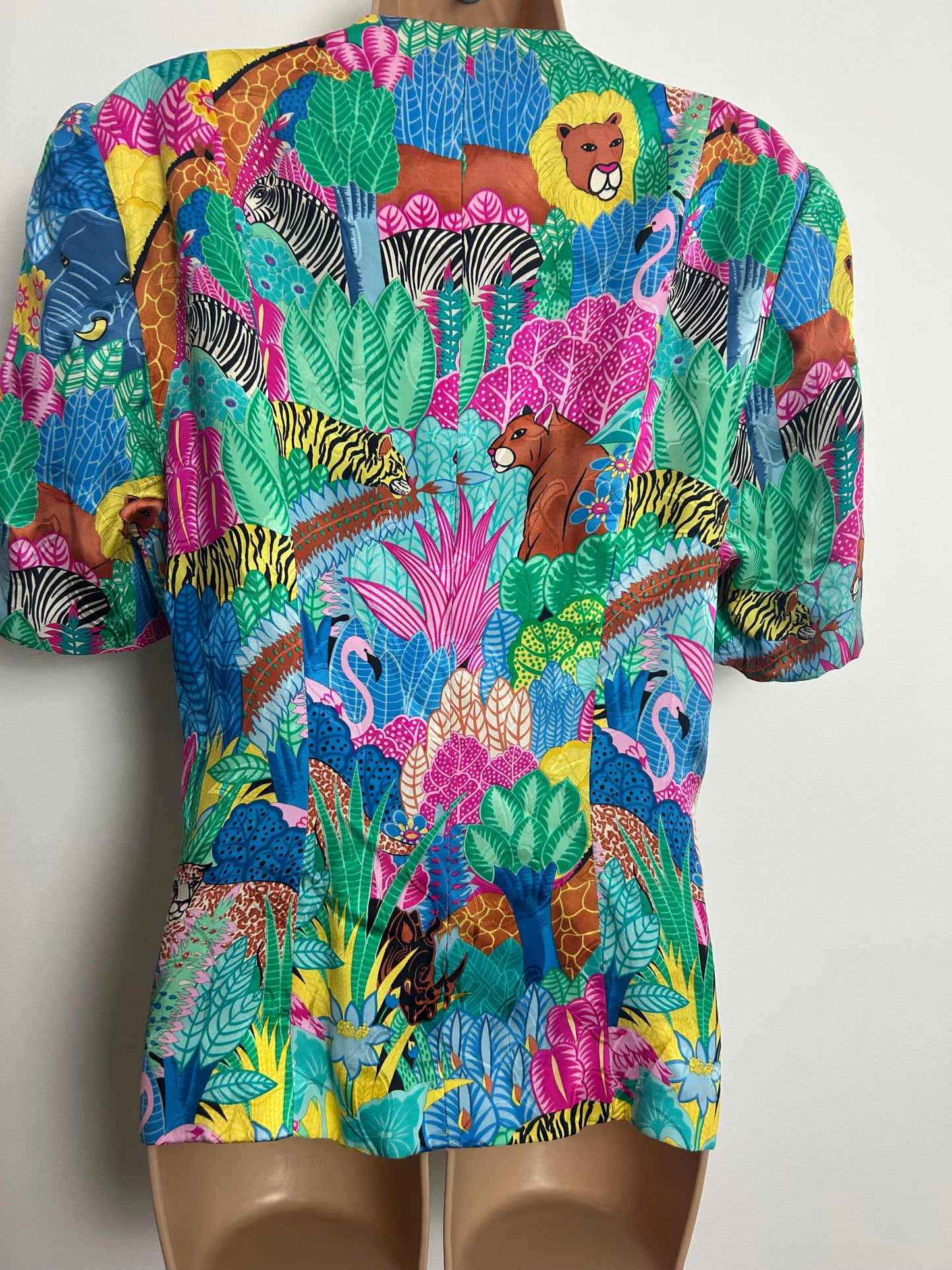 Vintage 1980s DONALD CAMPBELL Size 14 Blue Pink Green Yellow Flamingo Leopard & Lion Print Jungle Print