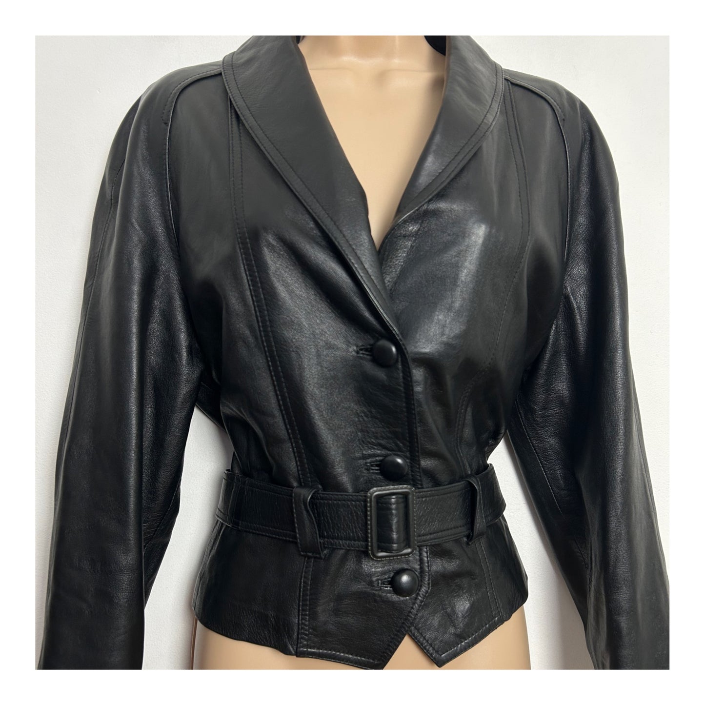 Vintage 1980s UK Size 10-12 Gorgeous Black Soft Supple Real Leather Belted Cropped Jacket