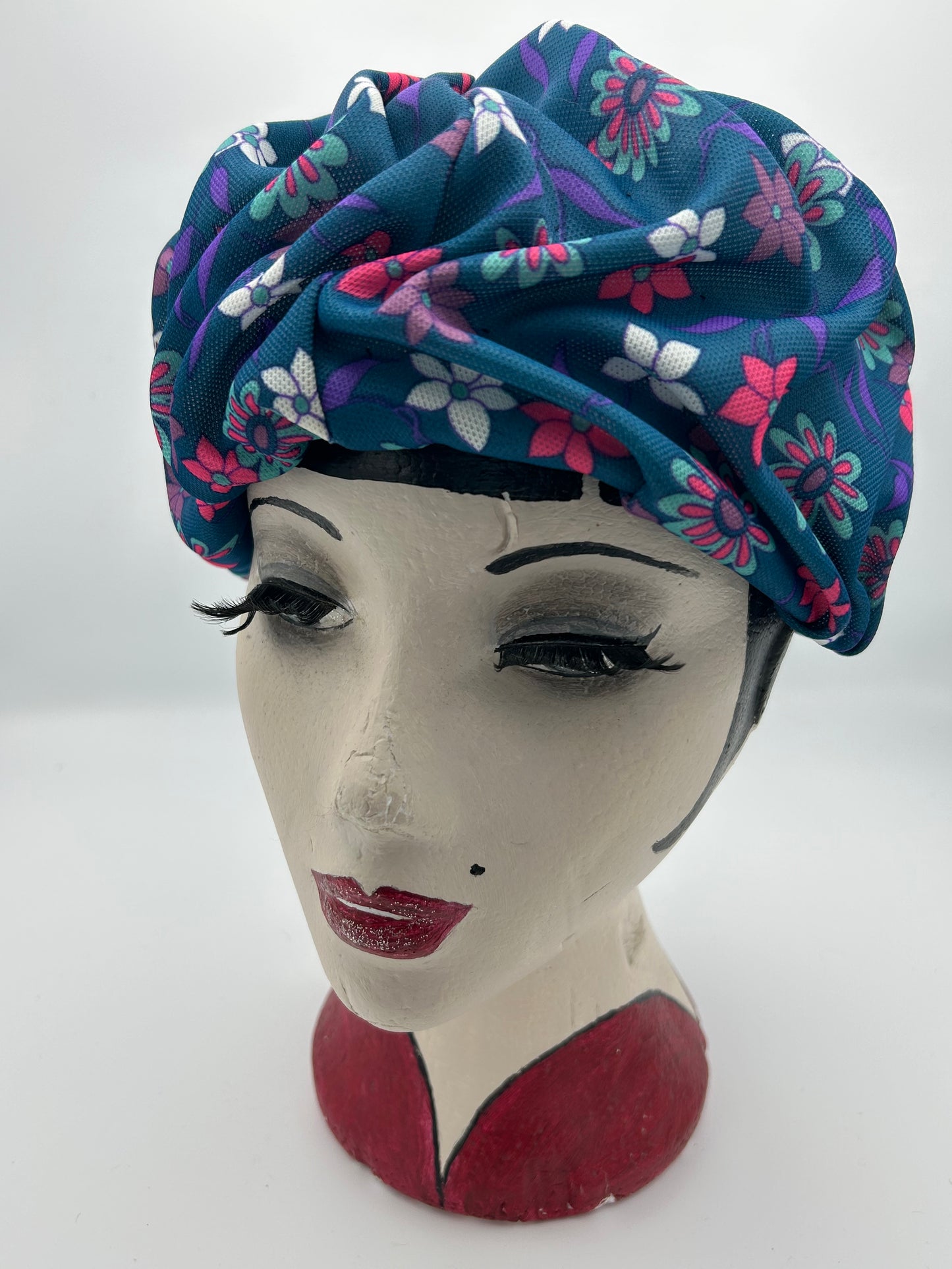 Vintage 1960s Petrol Blue Pink & Purple Floral Print Pleated Turban Style Pill Box Hat
