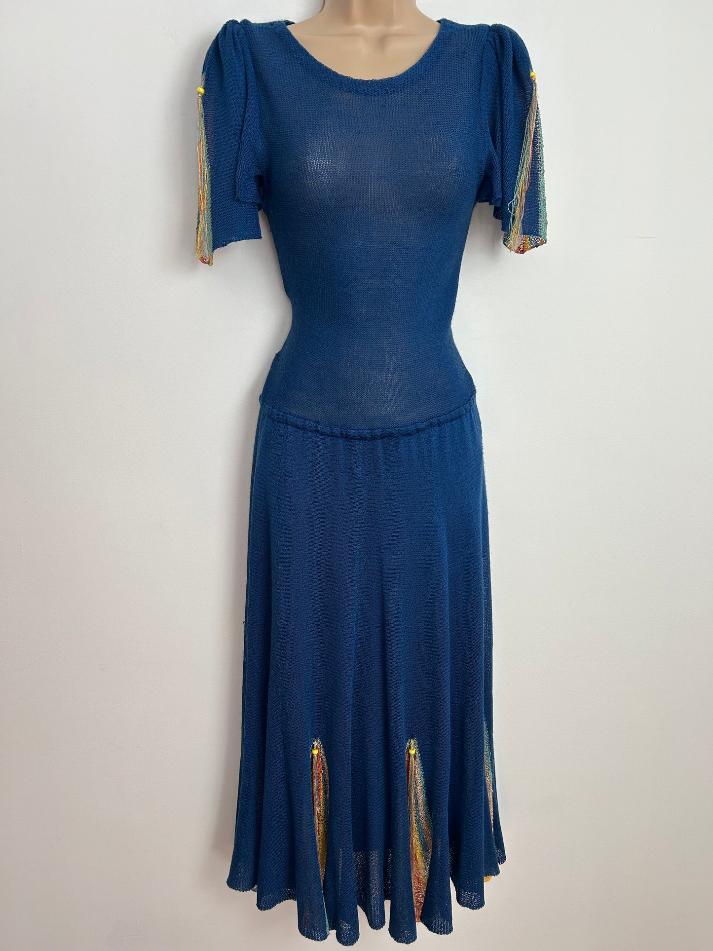 Vintage 1980s Size 8 Dark Blue Multicolour Stripe & Tassel Panels Knitted Midi Dress