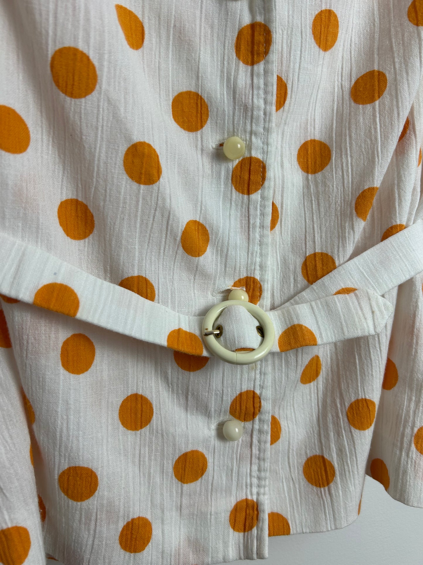 Vintage 1980s Size 12 White & Orange Polka Dot Cheesecloth Cotton Long Sleeve 40’s Style Belted Blouse