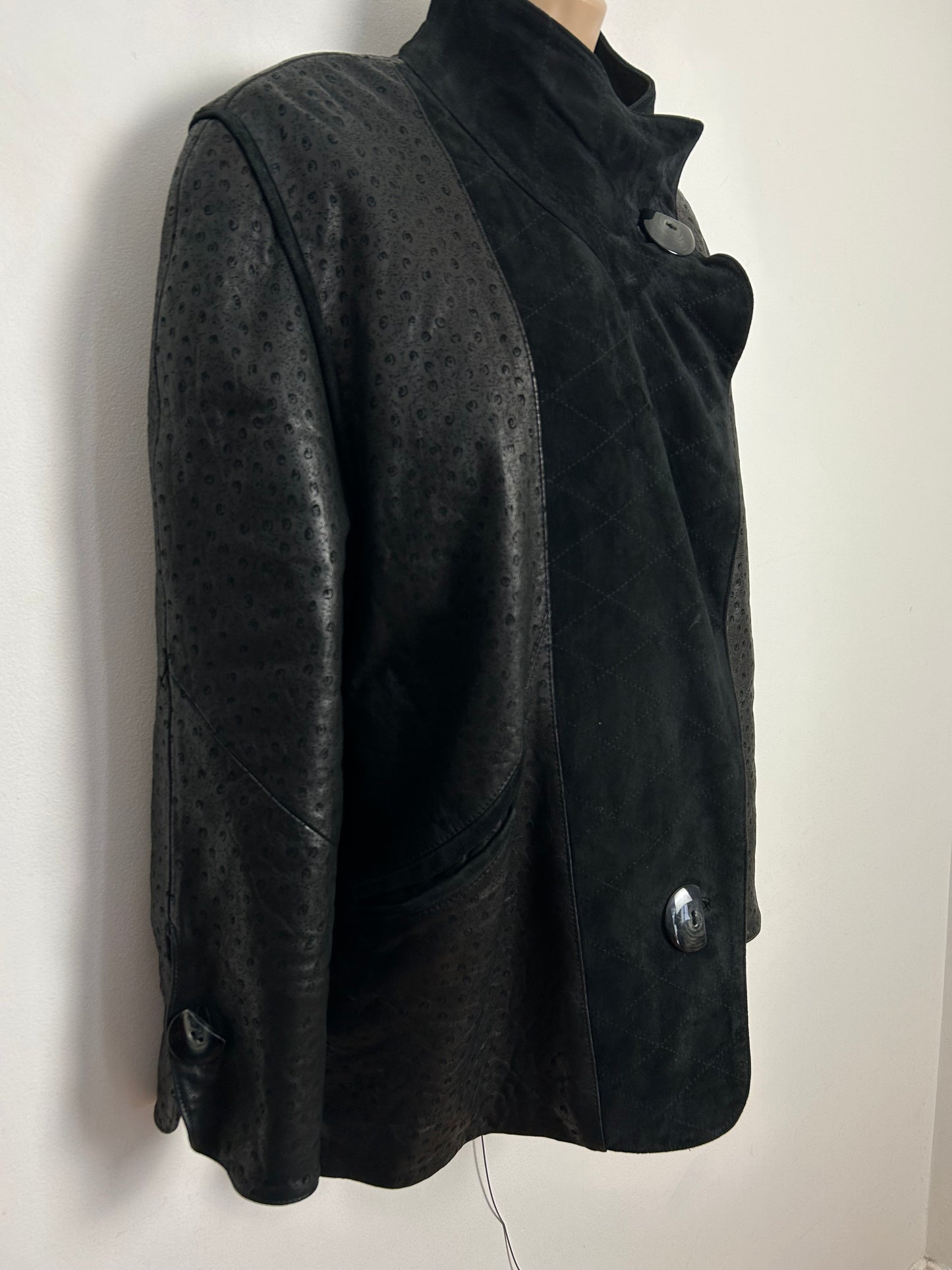 Vintage Early 1980s MARCO Up To Size 14-16 Black Leather Suede Chunky Buttons Over Size Leather Jacket