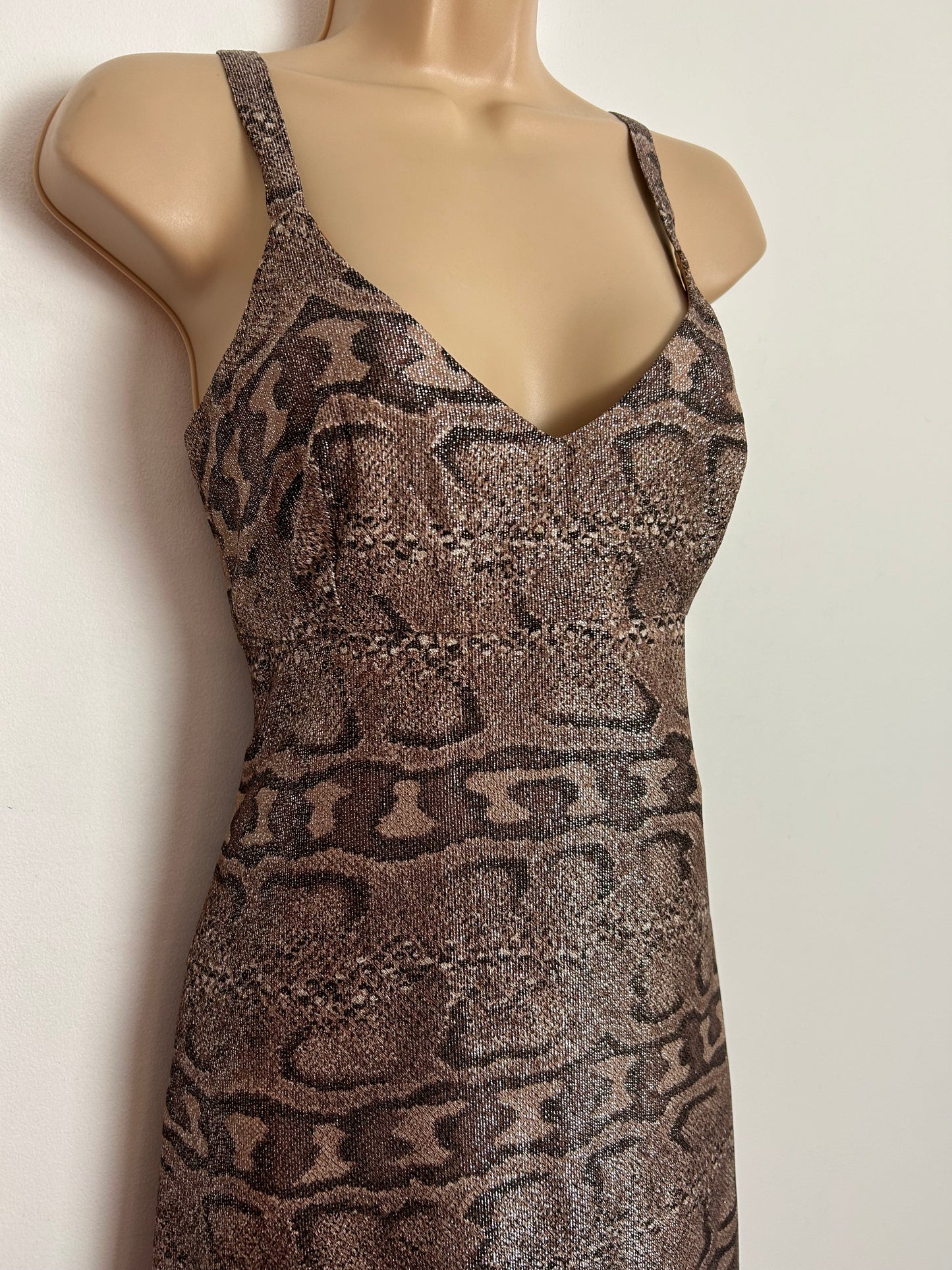Vintage 1970s JINTYS LONDON UK Size 10 Brown Tones Lurex Animal Print Party Evening Maxi Dress