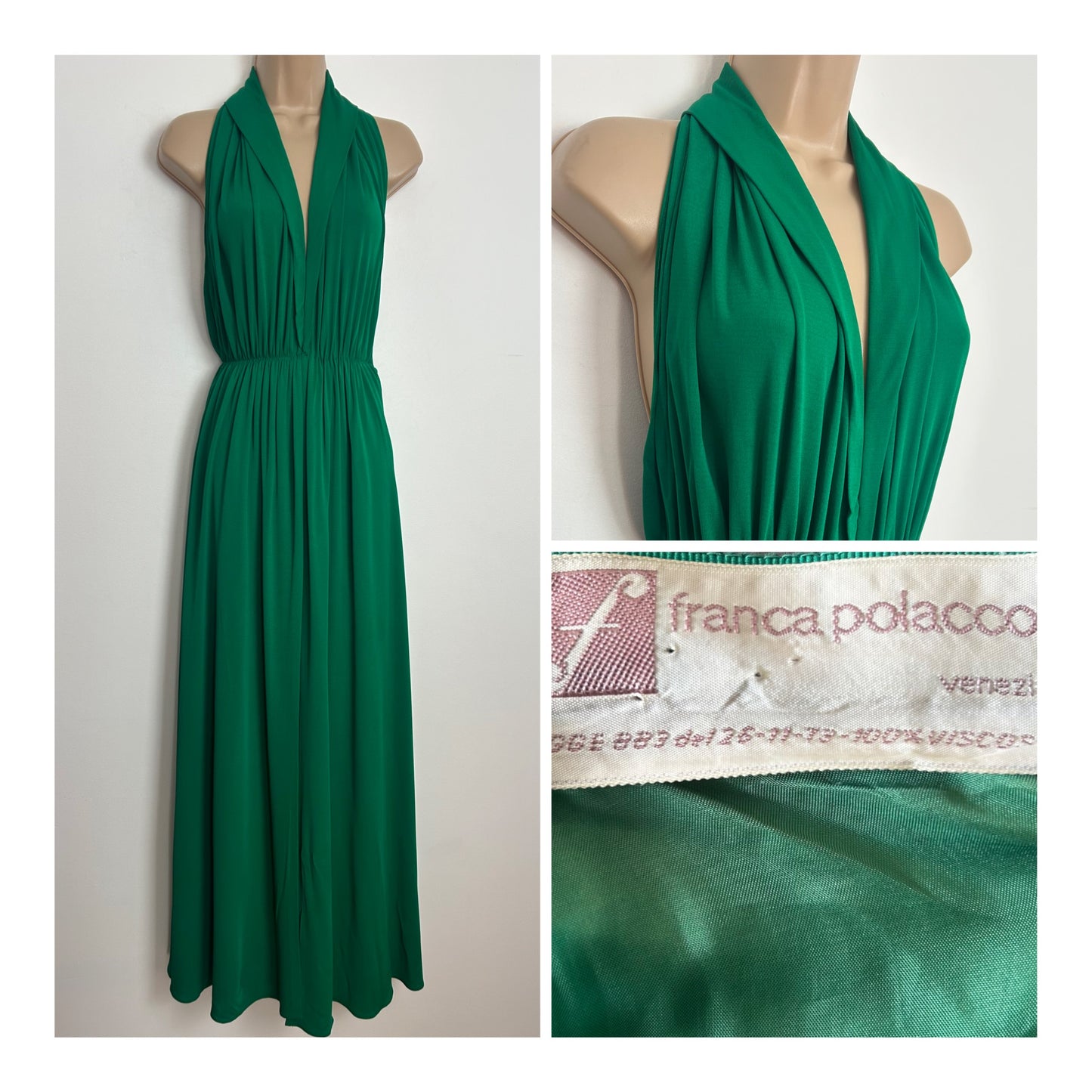 Vintage Early 1970s VERY RARE FRANCA POLACCO Size 6 Emerald Green Halter Neck Occasion Maxi Dress
