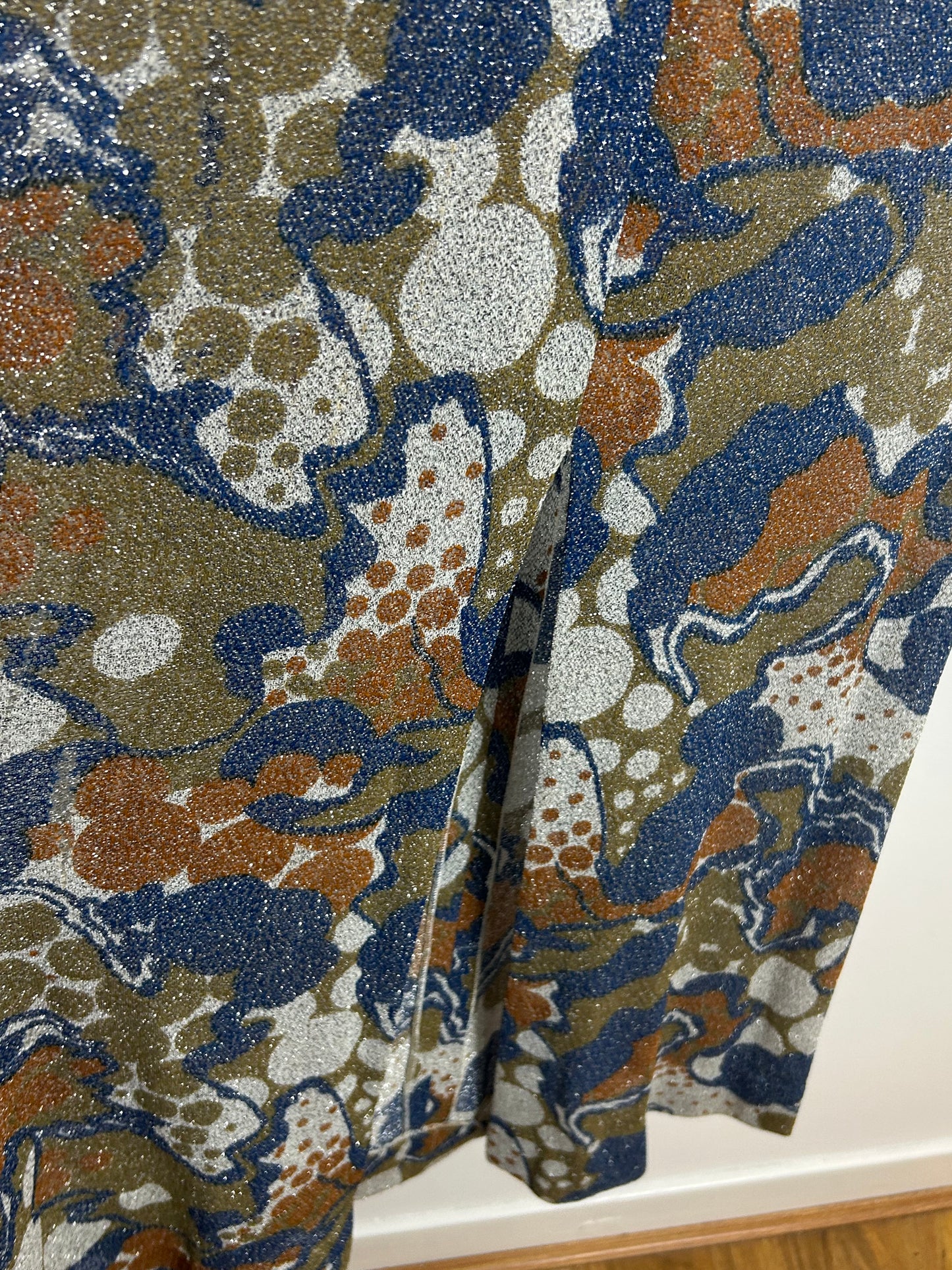 Vintage 1970s SKIVA Size 8 Blue & Brown Tones Abstract Print Lightweight Lurex Criss Cross Tie Fastening Maxi Dress
