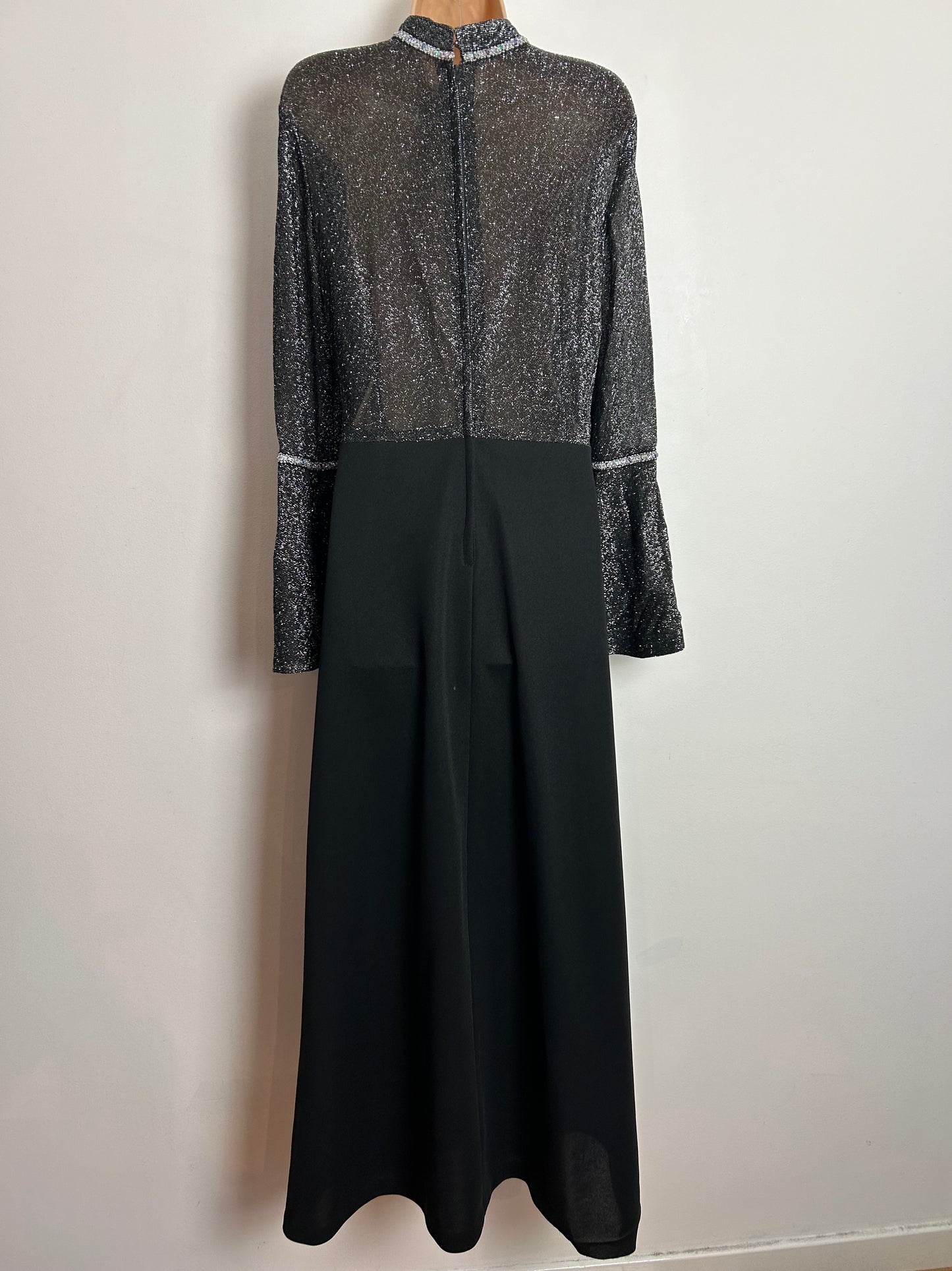 Vintage 1970s UK Size 12 Black & Silver Lurex Split Sleeve Occasion Evening Maxi Dress