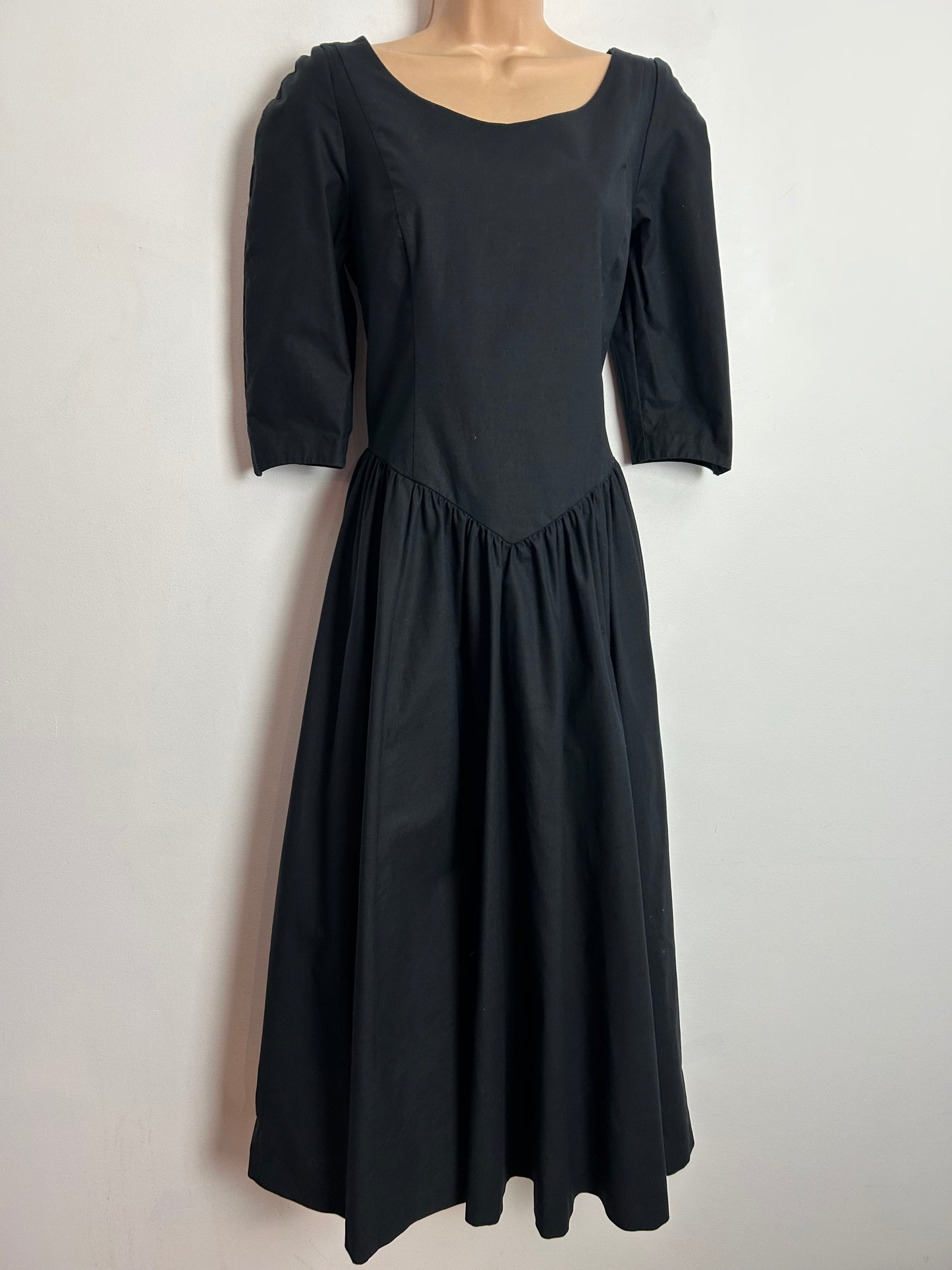Vintage 1980s LAURA ASHLEY UK Size 12 (14 On Label) Black Surplice Bow Back Dress