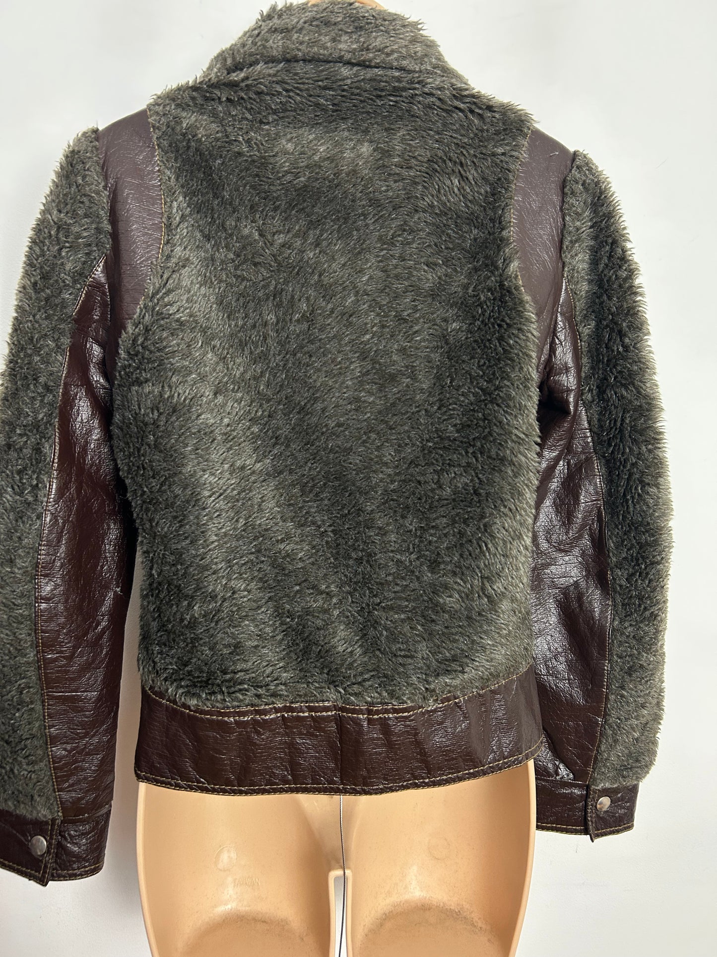 Vintage 1980s UK Size 10 Brown & Dark Grey Faux Fur & Faux Leather Bomber Style Jacket