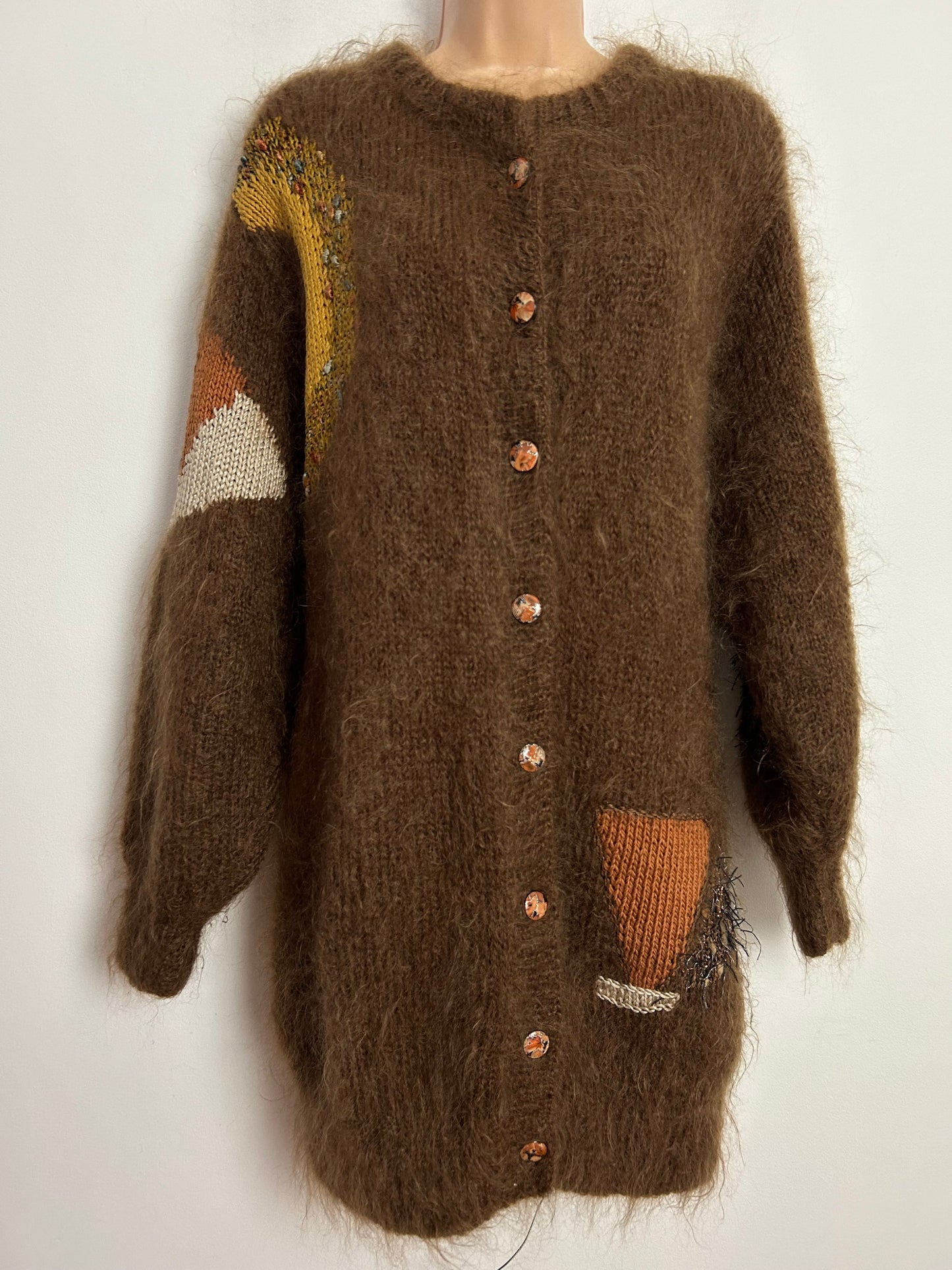 Vintage 1980s One Size Slouchy Fit Brown Tones Fan Pattern Long Sleeve Mohair Mix Cardigan