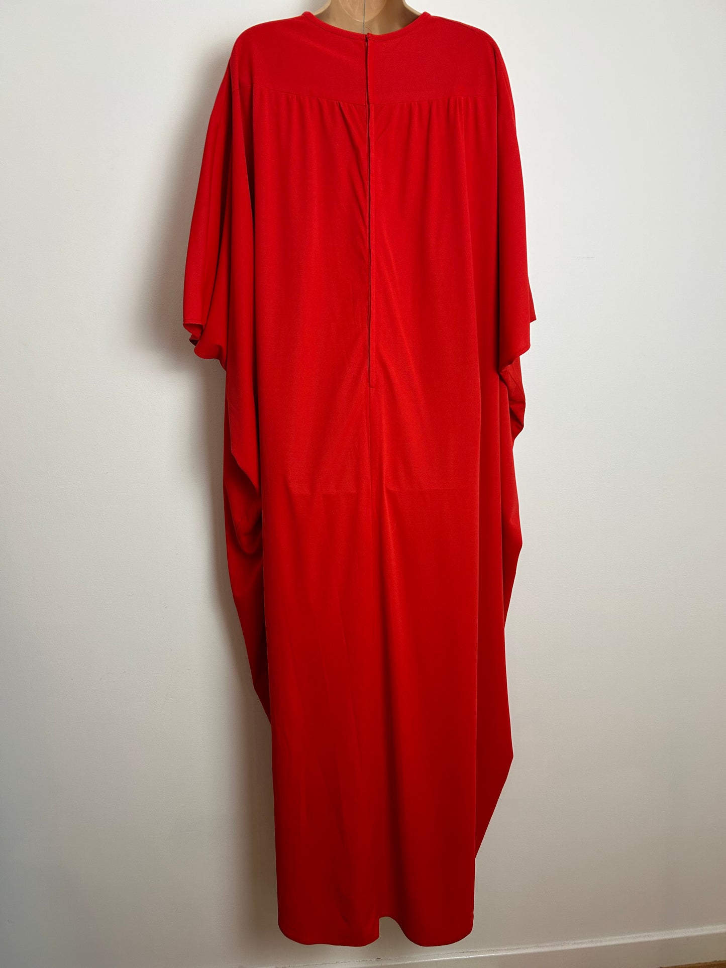 Vintage 1970s EVANS One Size Red Shirred Waist Detail Wide Sleeve Kaftan Maxi Dress