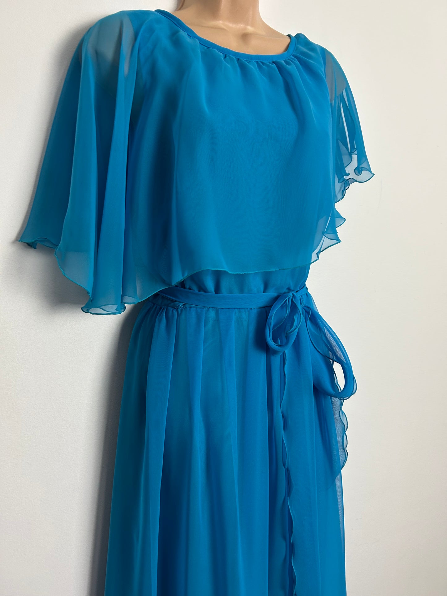Vintage 1970s UK Size 10 Pretty Sky Blue Chiffon Asymmetrical Cape Sleeve Belted Maxi Dress