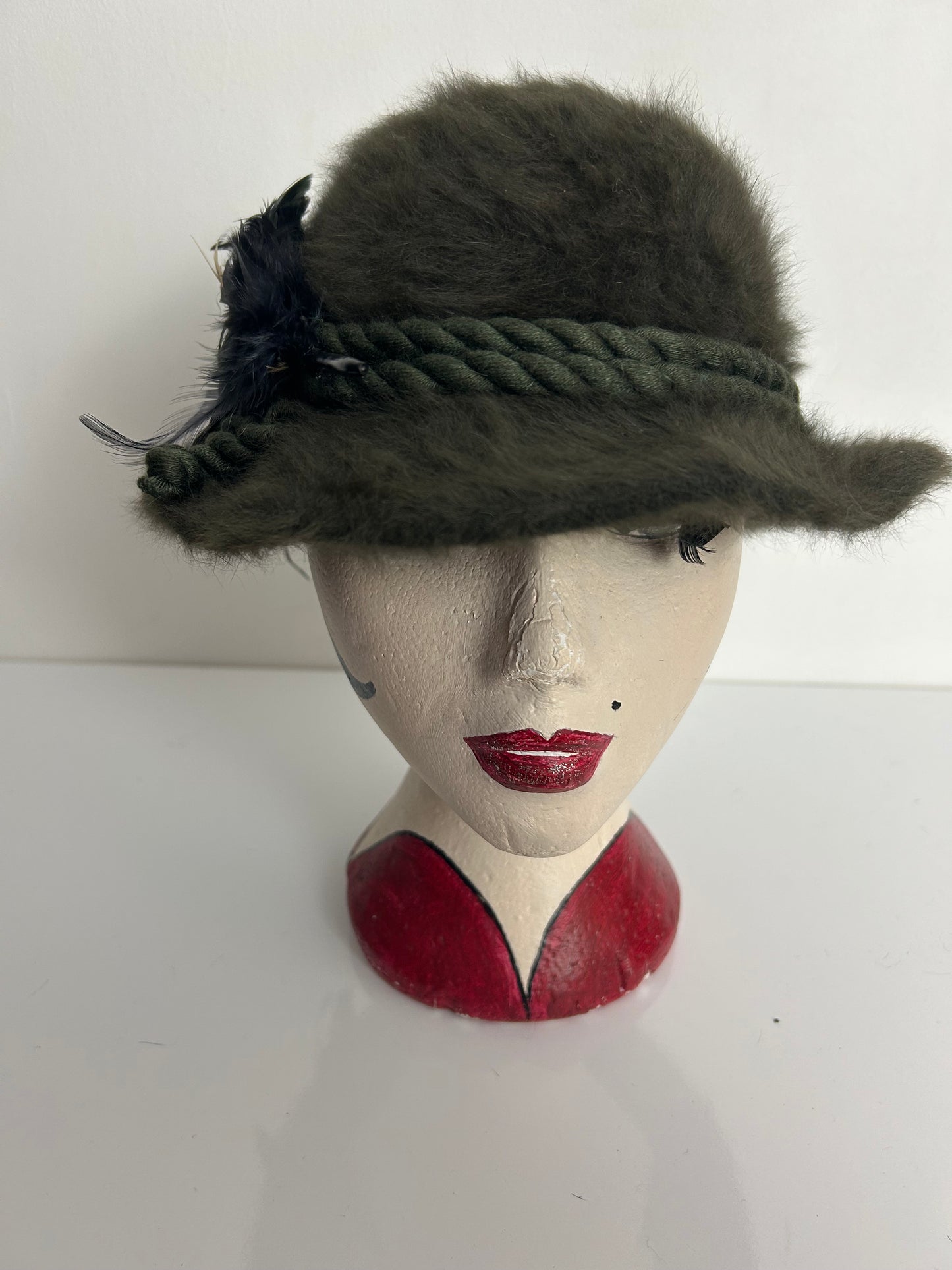 Vintage Dark Moss Green Angora Mix Rope Braid & Feather Trim Trilby Style Hat