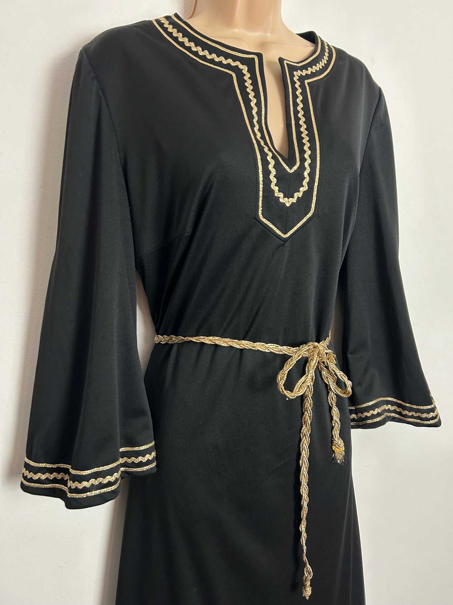 Vintage 1970s Size 14 Black & Metallic Gold Braid Trim Long Sleeve Belted Midi Dress