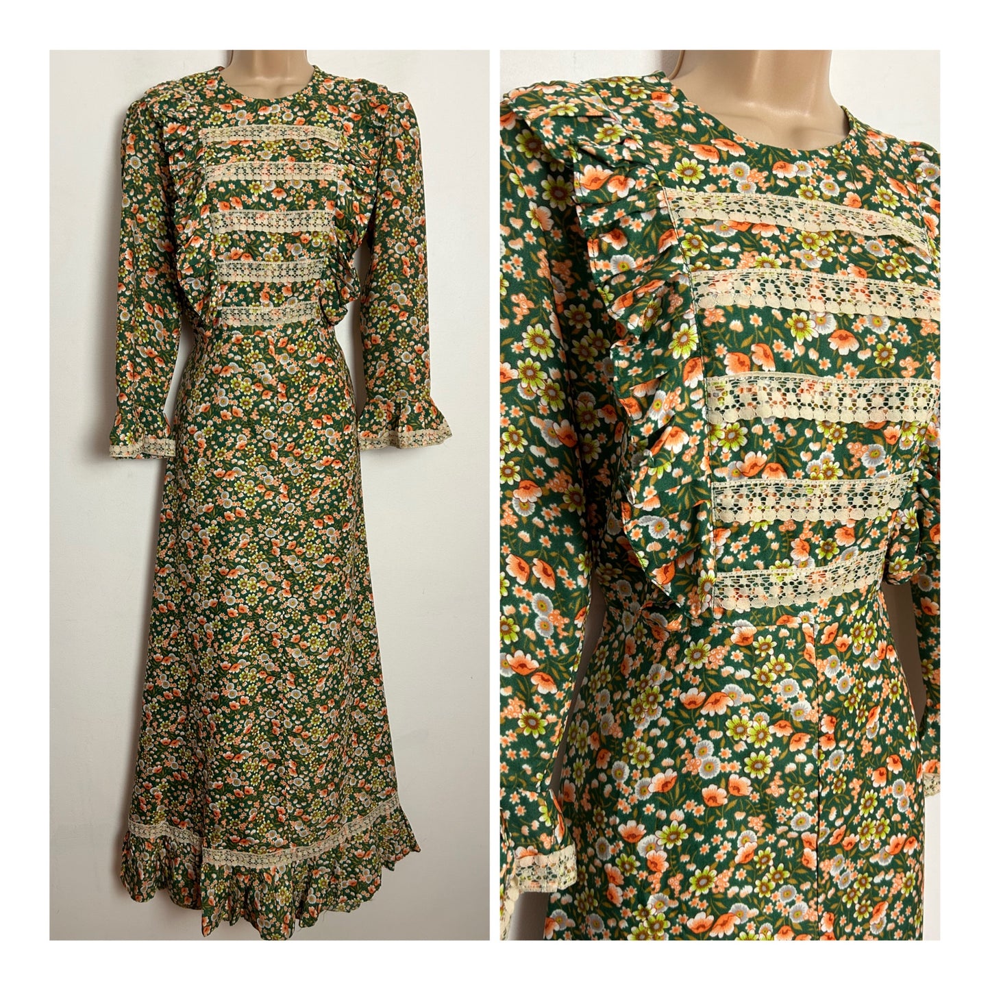 Vintage 1970s UK Size 10 Pretty Green & Orange Floral Print Lace Trim Prairie Maxi Dress