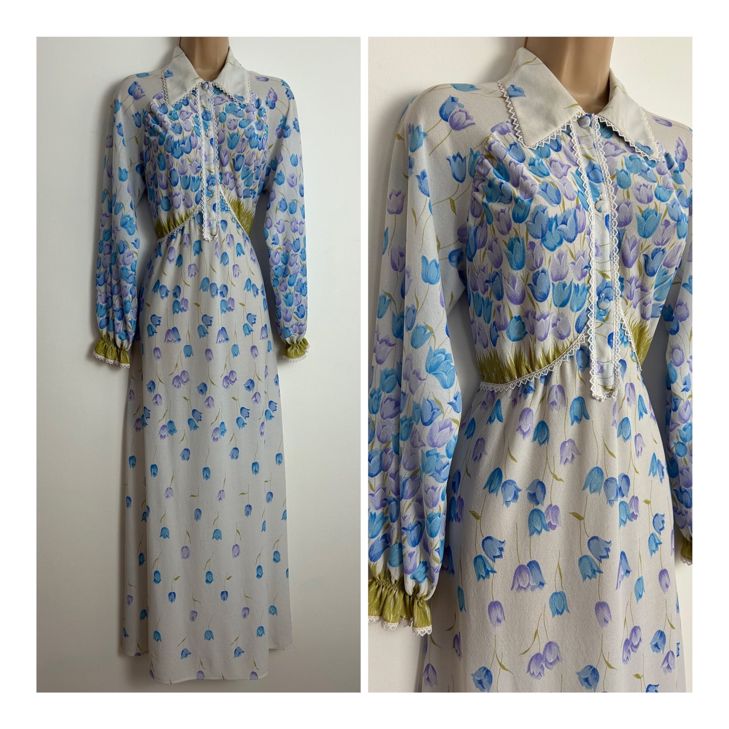 Vintage 1970s UK Size 8 Pretty White Blue & Purple Tulip Floral Print Long Sleeve Tie Back Maxi Dress
