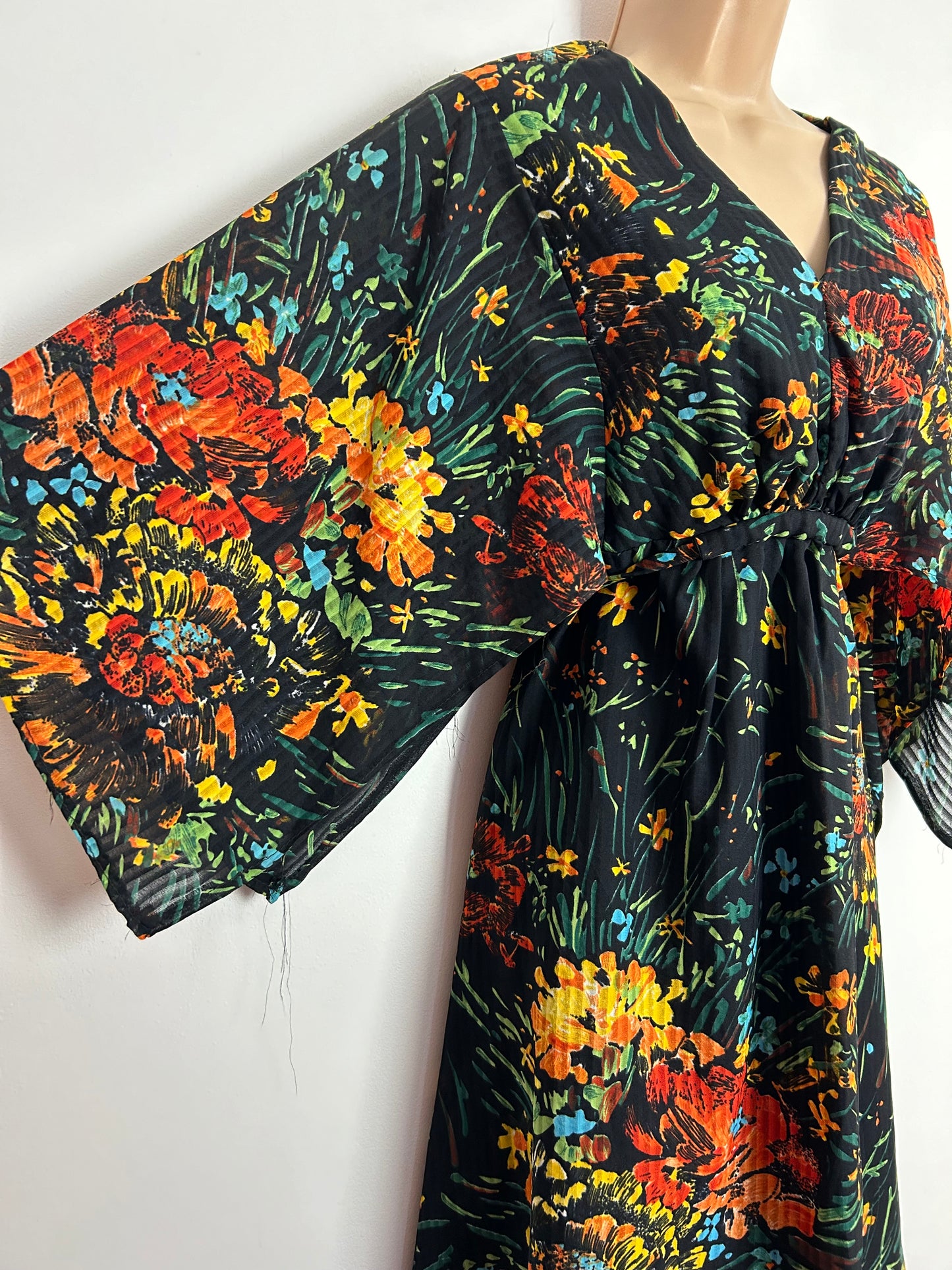 Vintage 1970s UK Size 14 Pretty Black Orange & Green Floral Print Mid Length Hanky Sleeve Midi Dress
