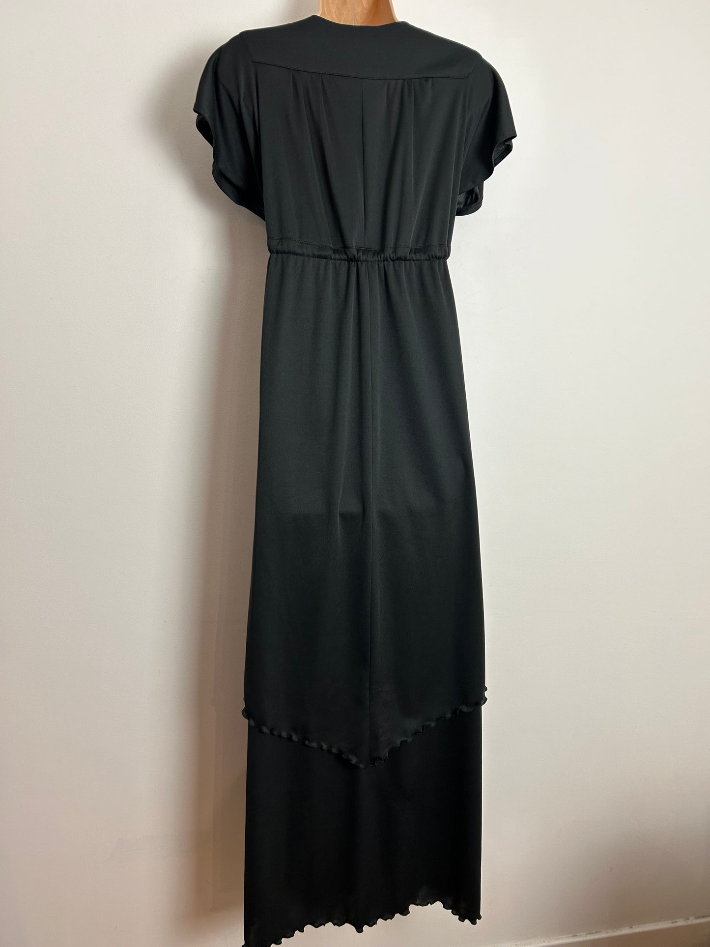 Vintage 1970s UK Size 8-10 Black Plunge V-Neck Draw Tie Waist Layered Maxi Dress