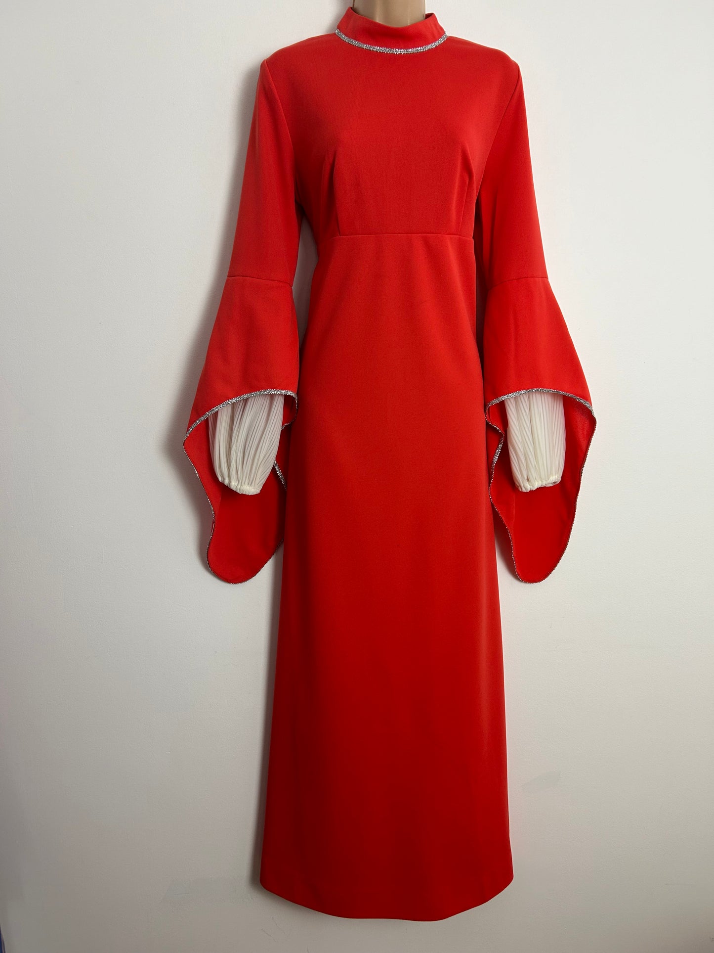 Vintage 1970s HENRIQUES OF LONDON UK Size 14 Orangey Red Long Double Sleeve Prairie Boho Occasion Maxi Dress