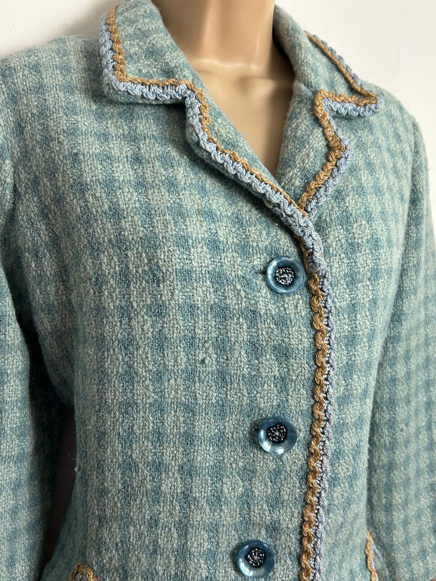 Vintage 1960s UK Size 12-14 Blue Tones Check Wool Mix Braid Trim Fully Lined Boucle Jacket