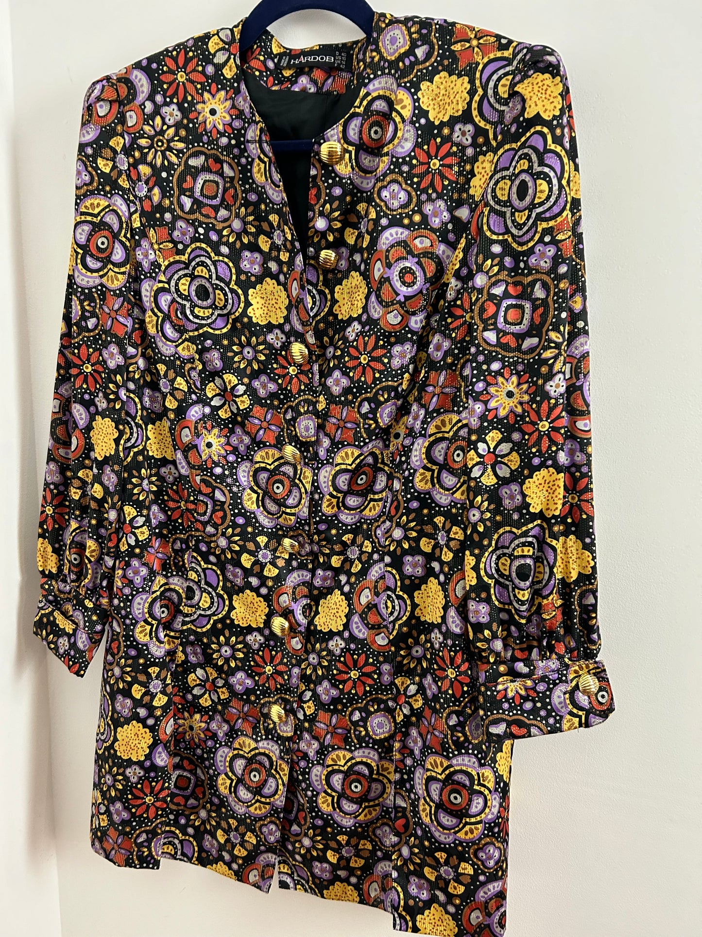 Vintage 1980s HARDOB UK Size 12 Black Lilac Gold & Red Floral Print Lurex Shift Dress/Long Tunic Top