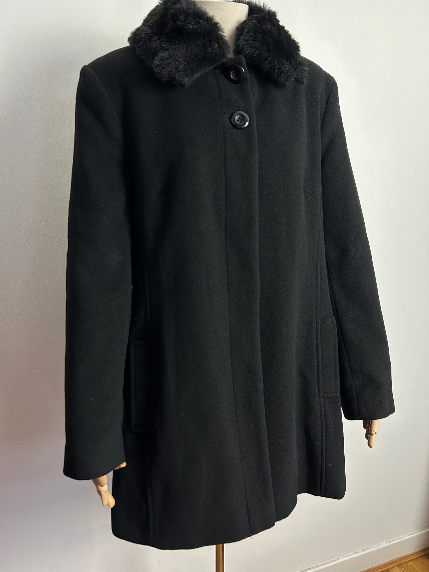 Vintage DAVID BARRY UK Size 14 Black Wool & Cashmere Faux Fur Collar (Detachable) Coat