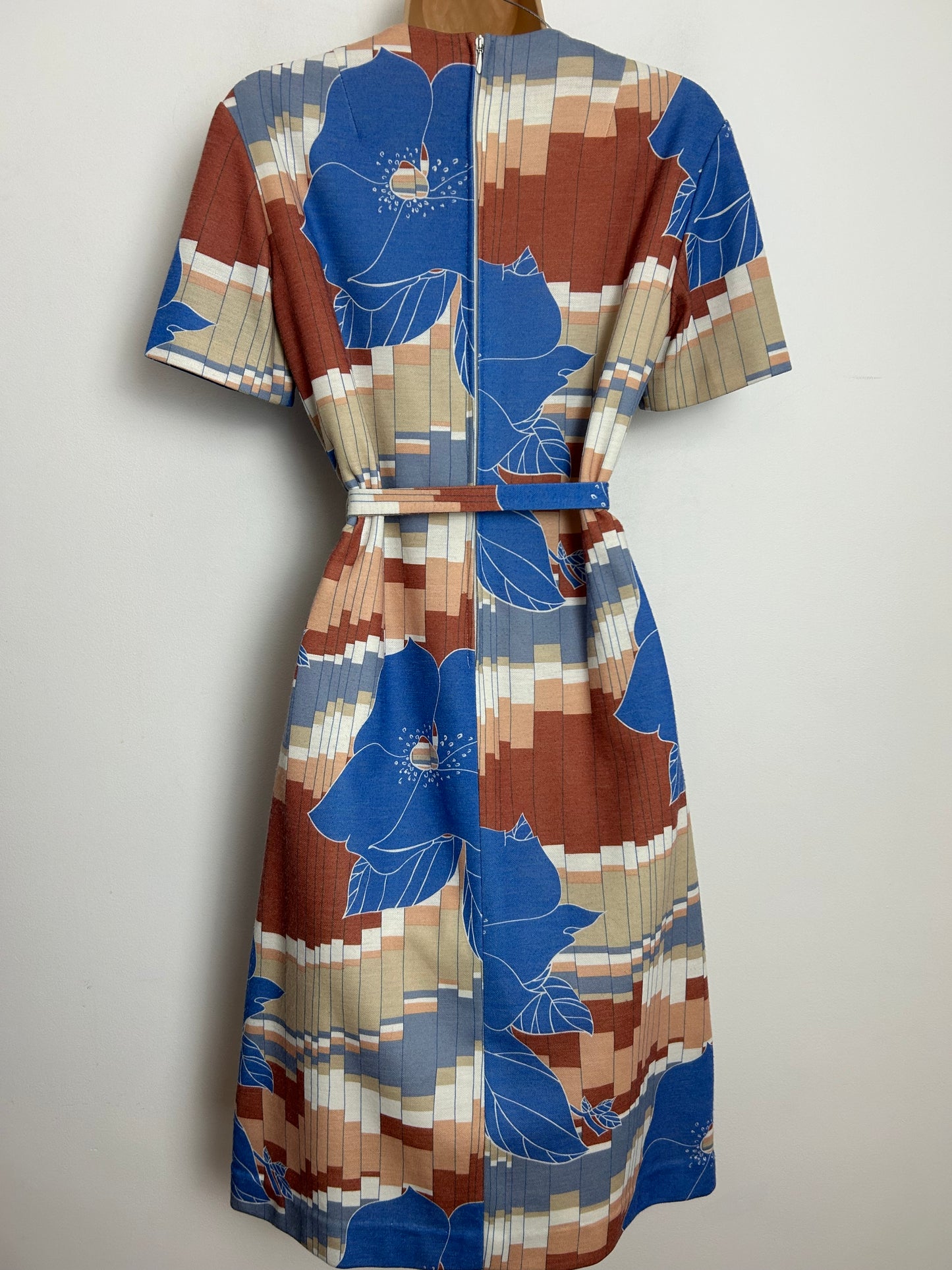Vintage 1970s JORA MODELL Size 12 Blue Beige & Brown Geo & Floral Print Wool Mix Jersey Belted Day Dress