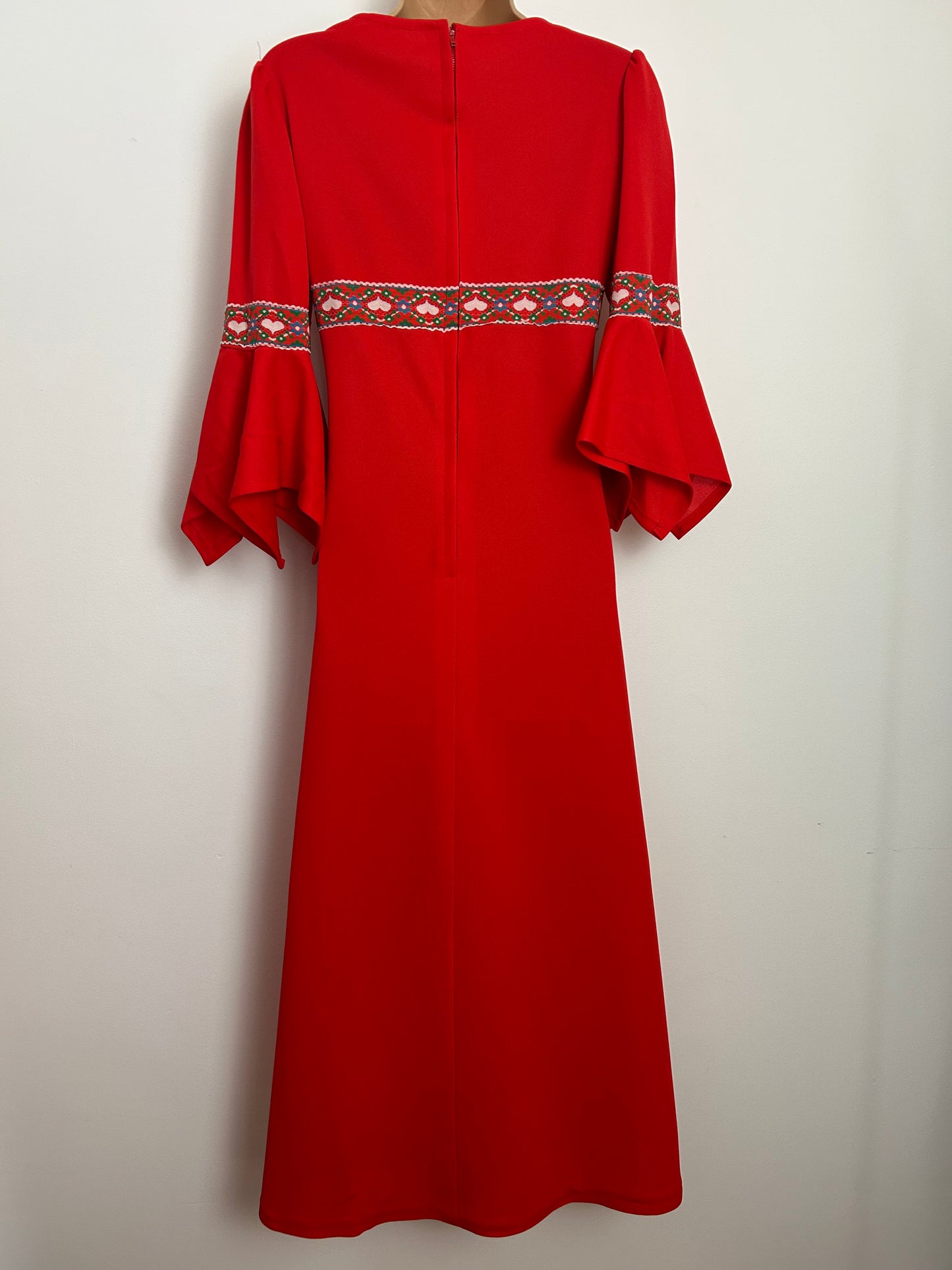 Vintage 1970s Size 10 Red & White Heart Braid Trim Flared Cuff Boho Midaxi Dress