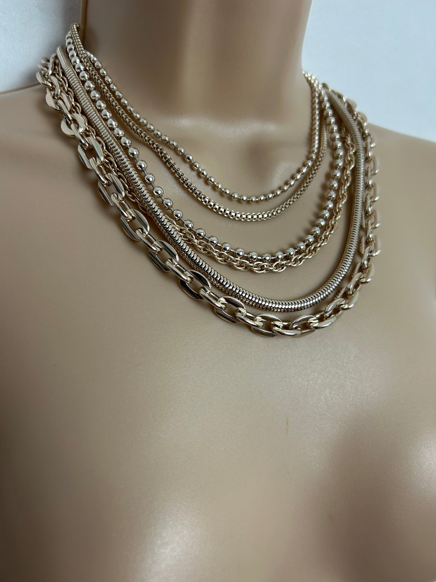 Vintage Gold Tone Multi Strand Stacked Choker Style Necklace