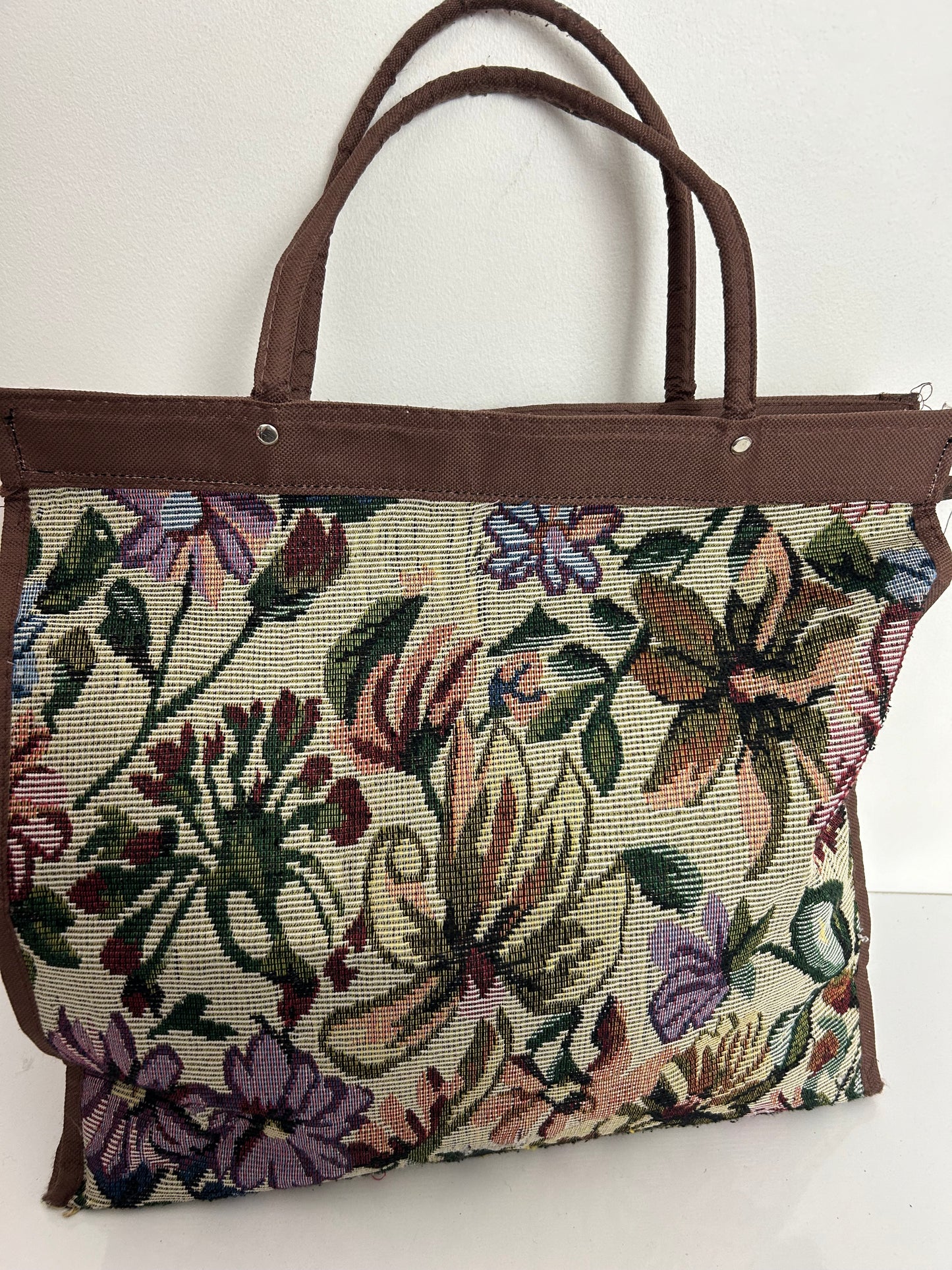 Vintage 1980s Brown Canvas Floral Tapestry Zip Pocket Shopping Bag