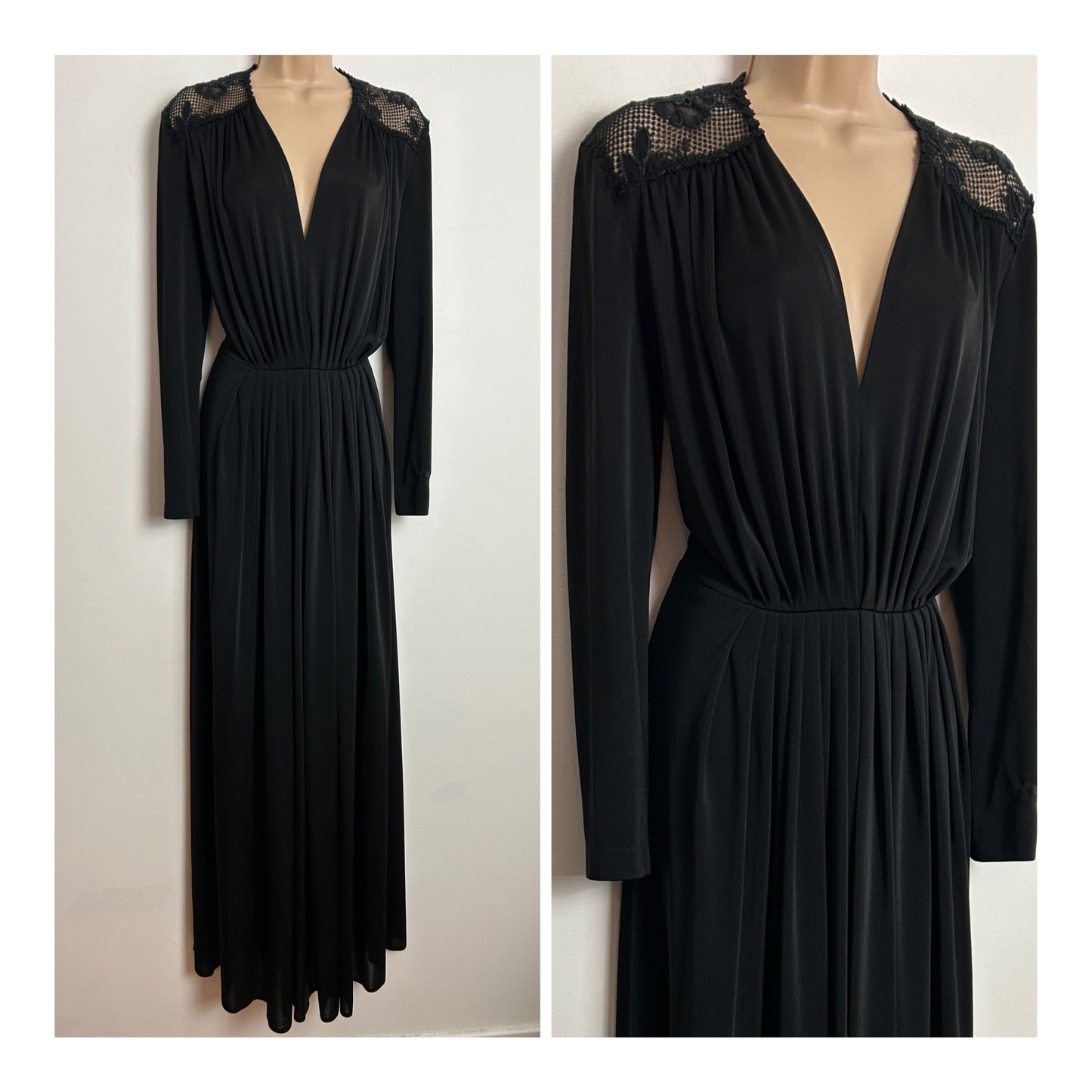 Vintage 1970s CREATION HOFFMAN UK Size 12-14 Black Floral Lace Panel Plunge Neck Long Sleeve Pleated Evening Maxi Dress