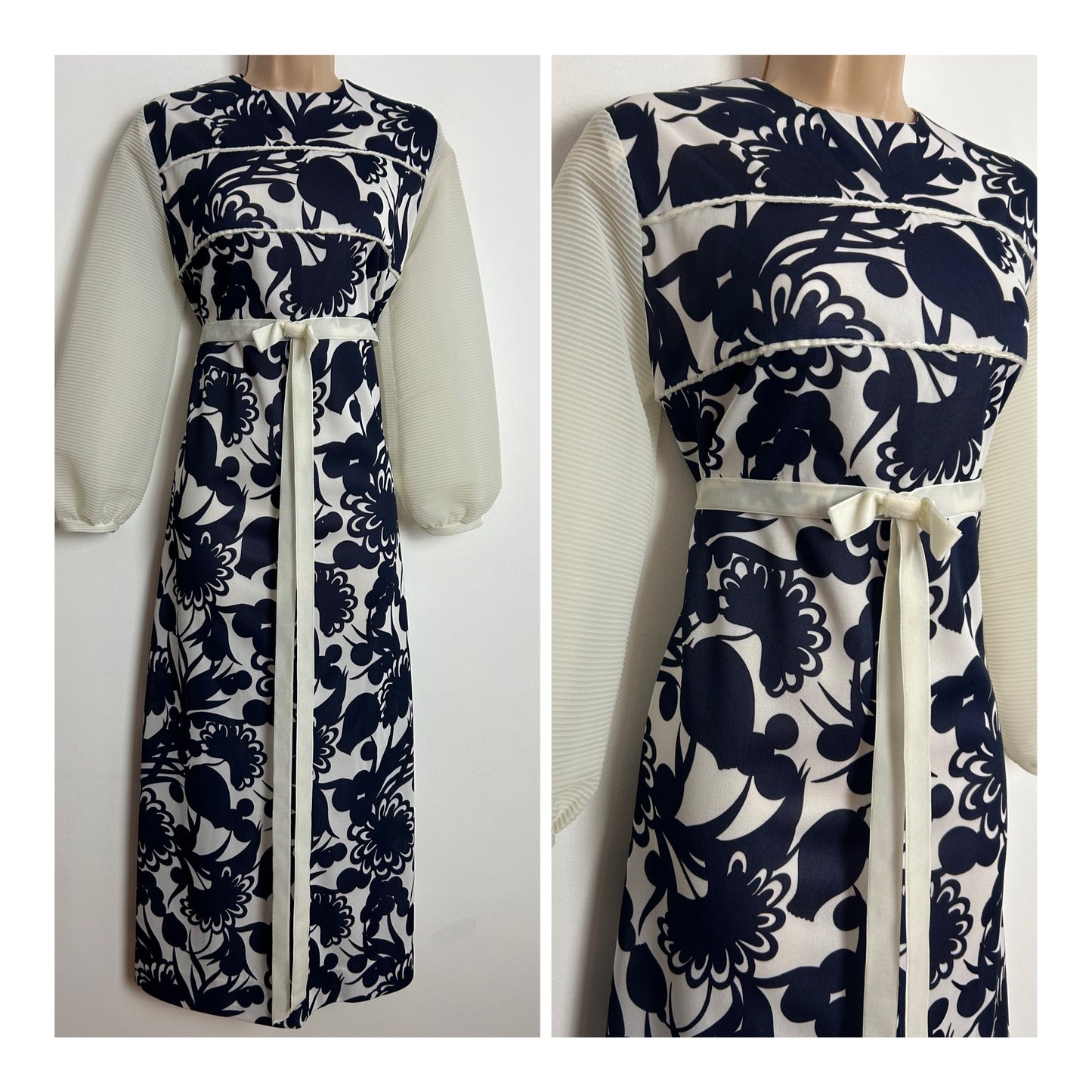 Vintage 1970s UK Size 10-12 Blue & White Floral Print Pleated Long Sleeve Bow Ribbon Detail Boho Midaxi Dress