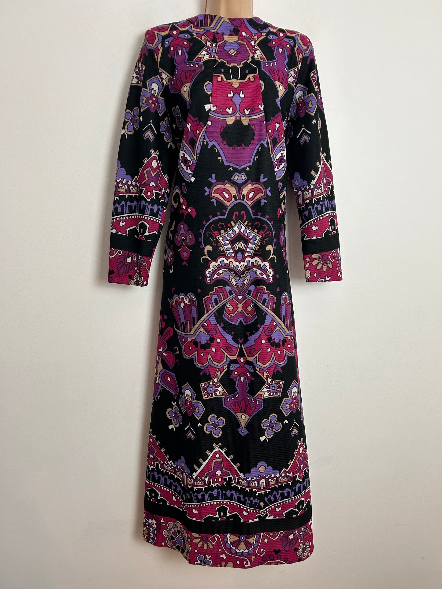 Vintage 1970s NORMAN LINTON UK Size 16 Black Purple & Pink Abstract Print Long Sleeve Maxi Dress