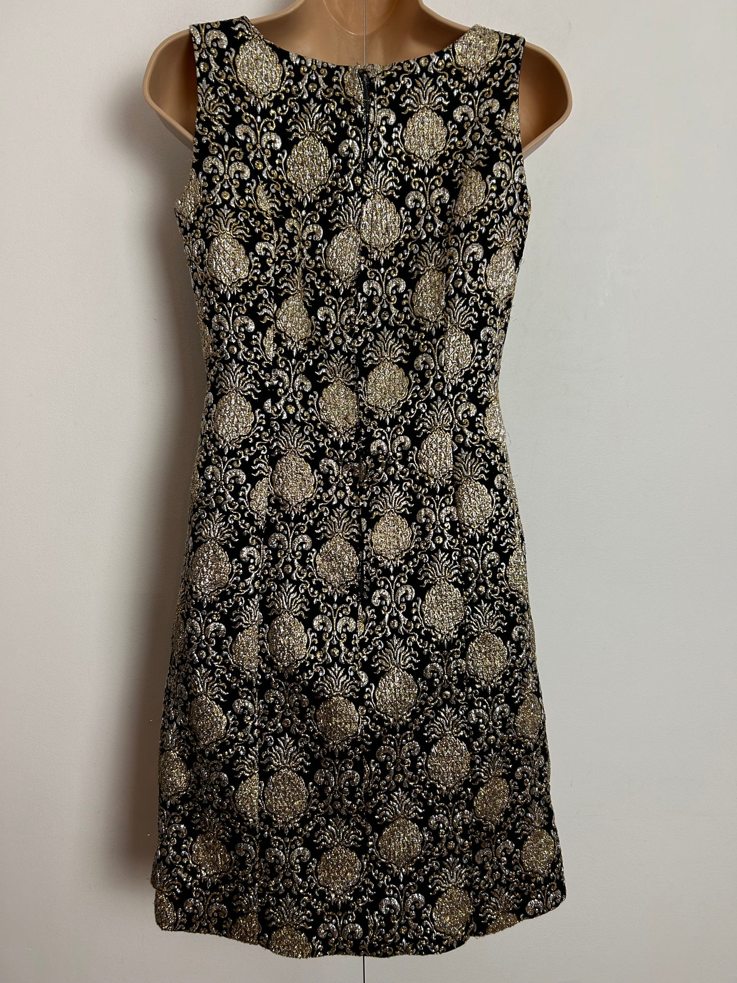 Vintage 1960s UK Size 6-8 Black Gold & Silver Brocade Party Occasion Mod Shift Dress