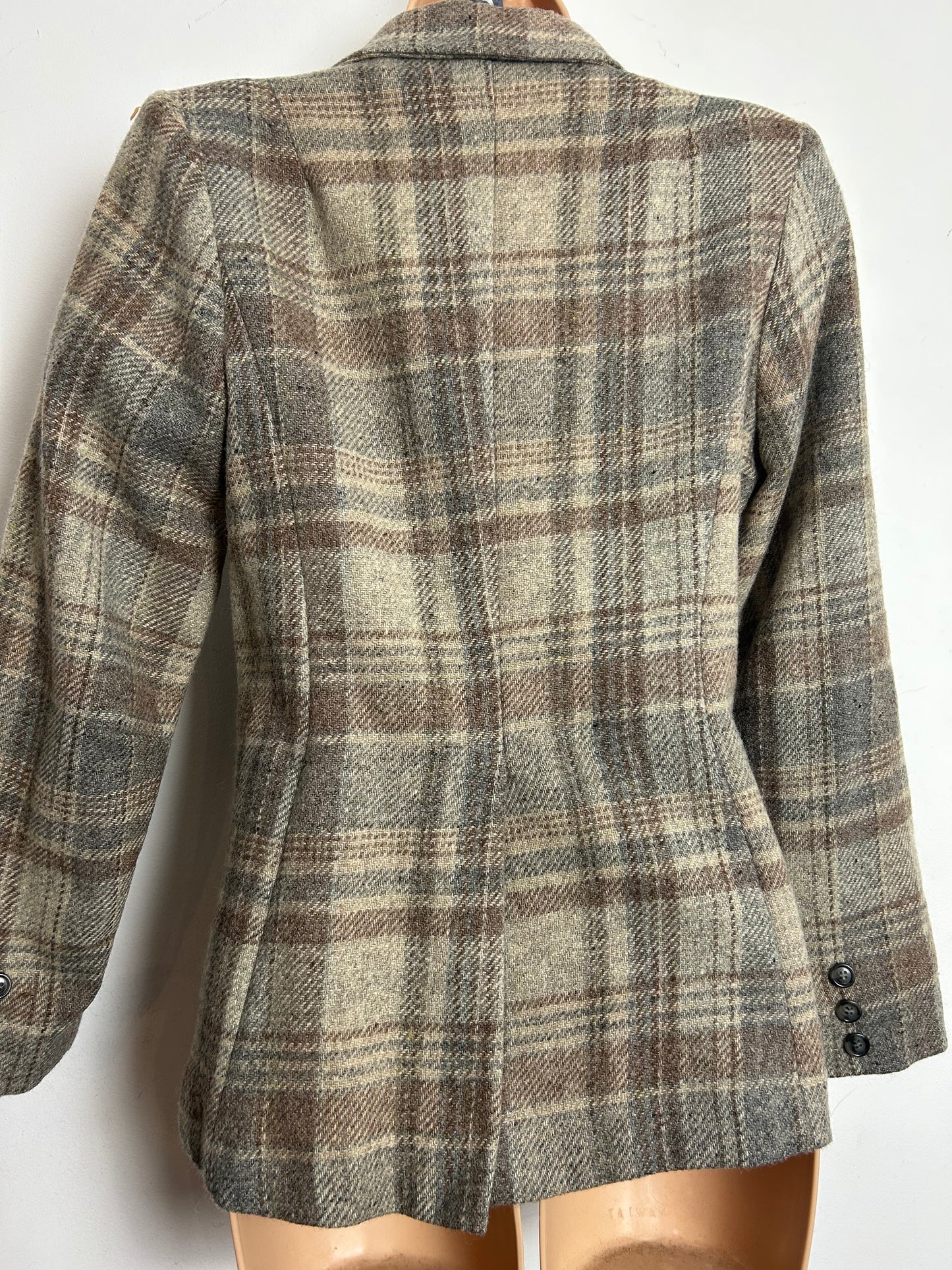 Vintage 1980s SWINGLES BY CONNECTIONS Size 10 Beige & Grey Tones Check Wool Mix Blazer