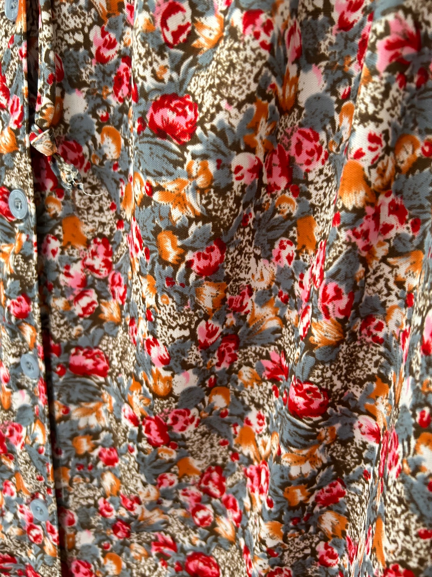 Vintage 1980s UK Size 16 Grey Pink & Orange Floral Print Long Sleeve Tie Beck Polyester Shirt