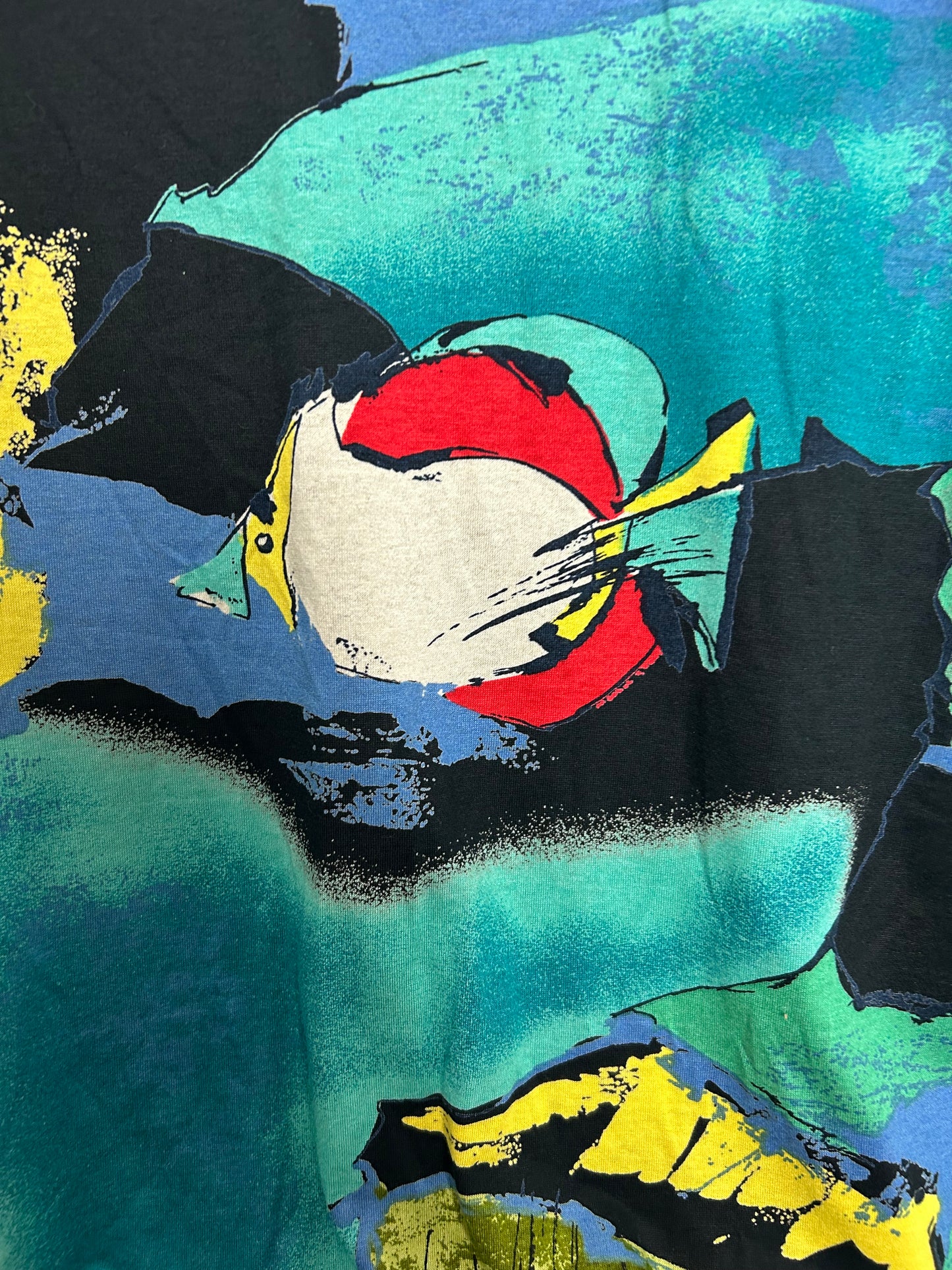 Vintage 1980s Size 14 Green Blue Black & Red Abstract Fish Print Cotton Mix Top