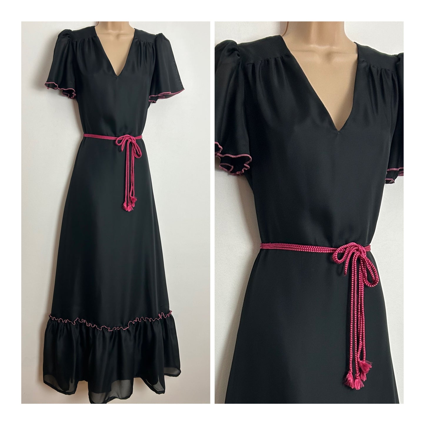 Vintage 1970s UK Size 8 Pretty Black Chiffon Short Sleeve Triple Belted Prairie Boho Maxi Dress