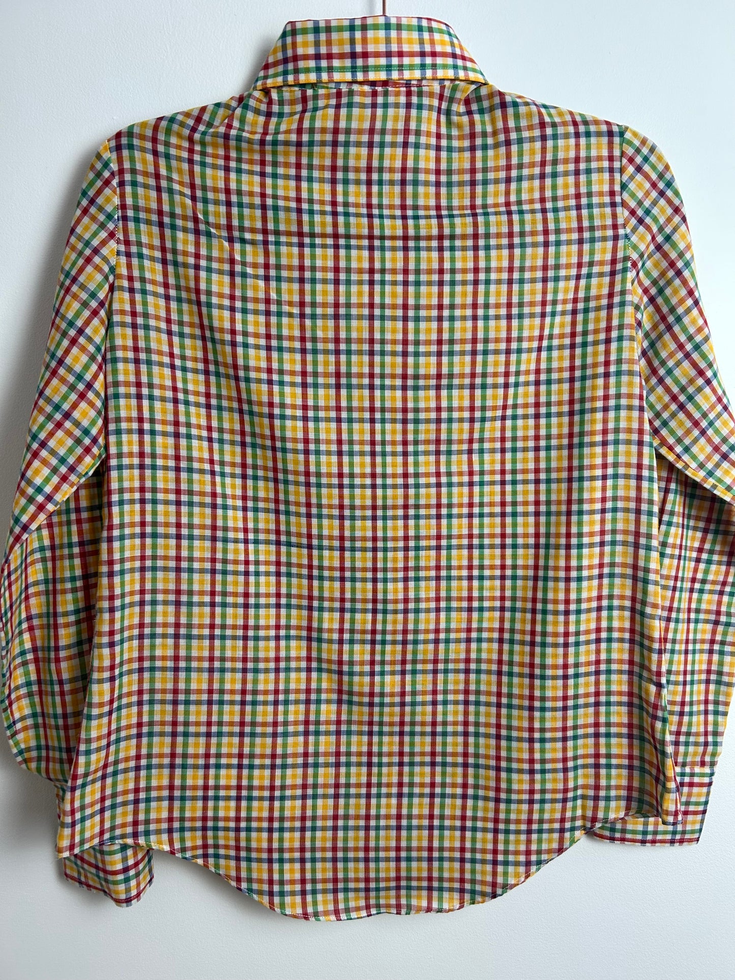 Vintage 1970s Size 10 Yellow Green Red & Blue Check Print Dagger Collar Cotton Mix Shirt