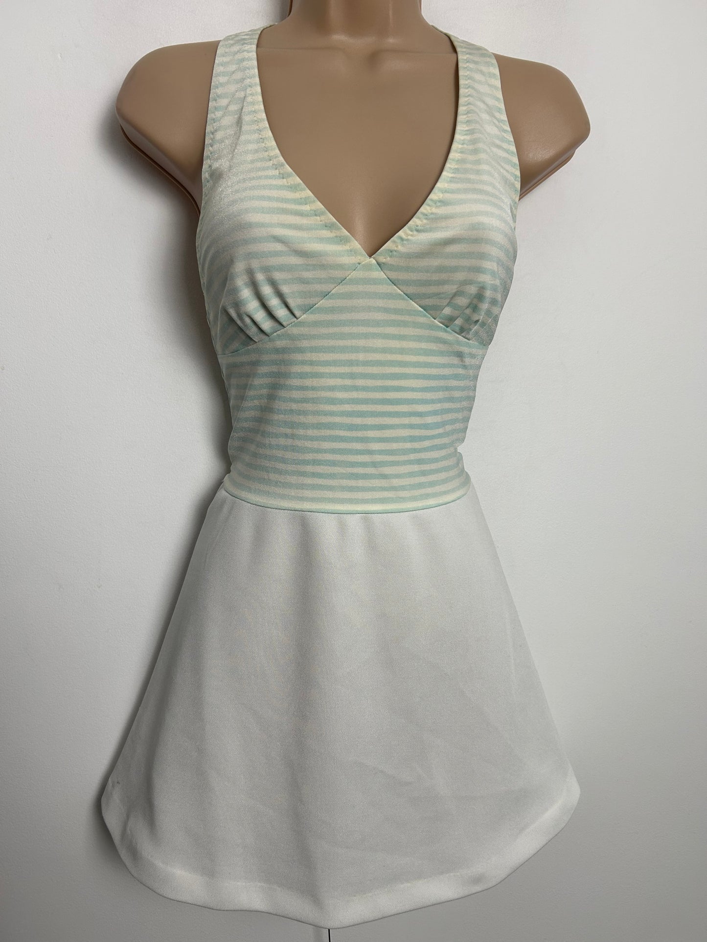 Vintage Early 1970s OLYMPIC Size 8-10 White Pale Blue & Cream Stripe Print Halterneck Tennis Or Swim Dress