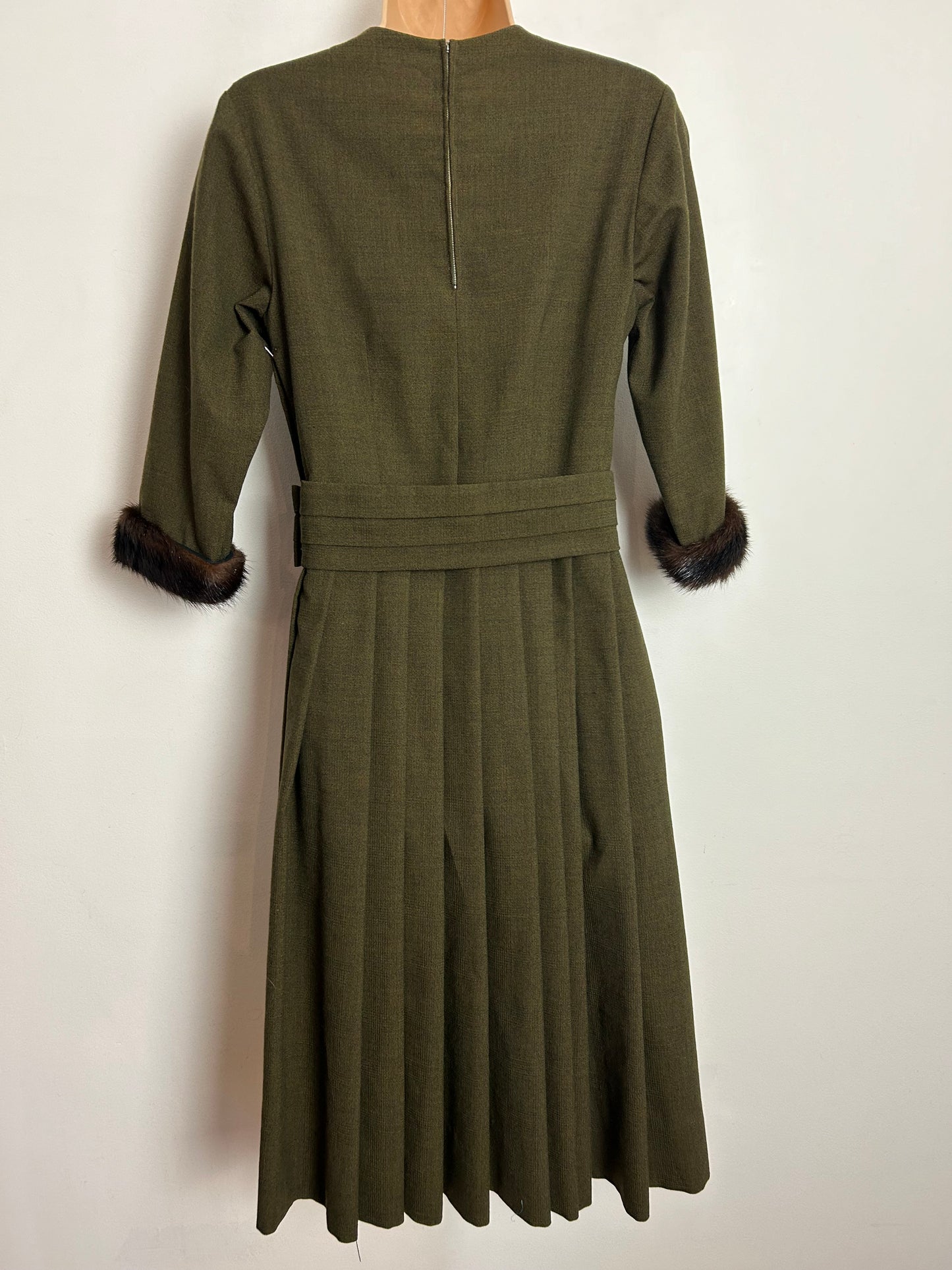 Vintage 1950s UK Size 8 Khaki Green Wool Mix Fur Cuff Pleated Dress