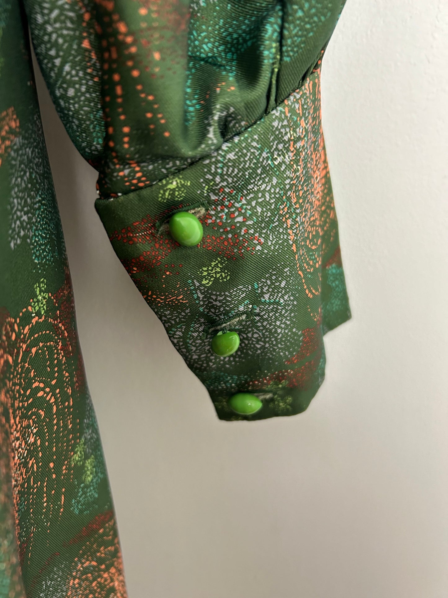 Vintage 1970s UK Size 16 Green & Coral Weeping Willow Tree Print Long Sleeve Boho Maxi Dress