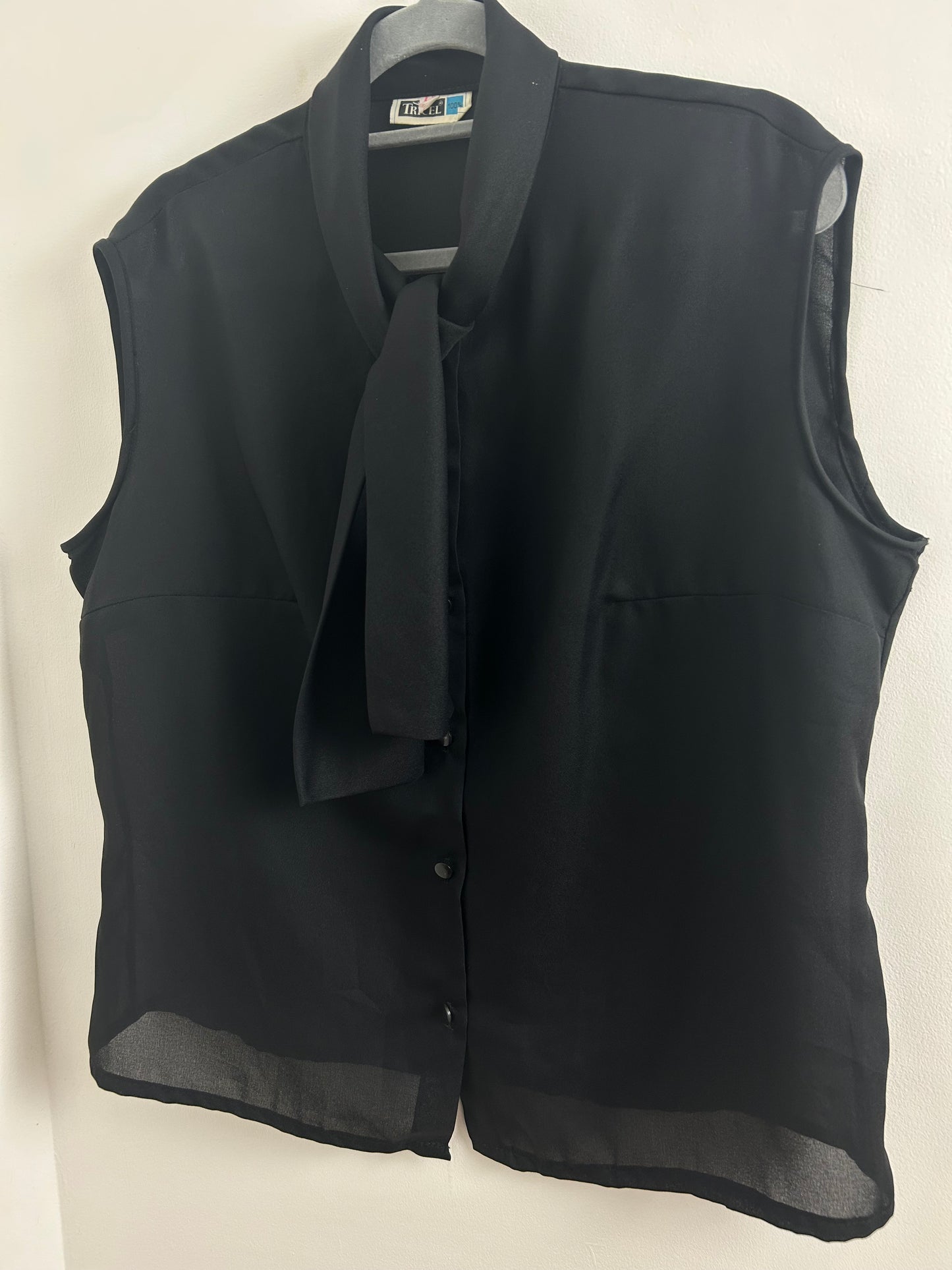 Vintage 1960s Size 16 Black Sleeveless Tie Neck Semi Sheer Blouse