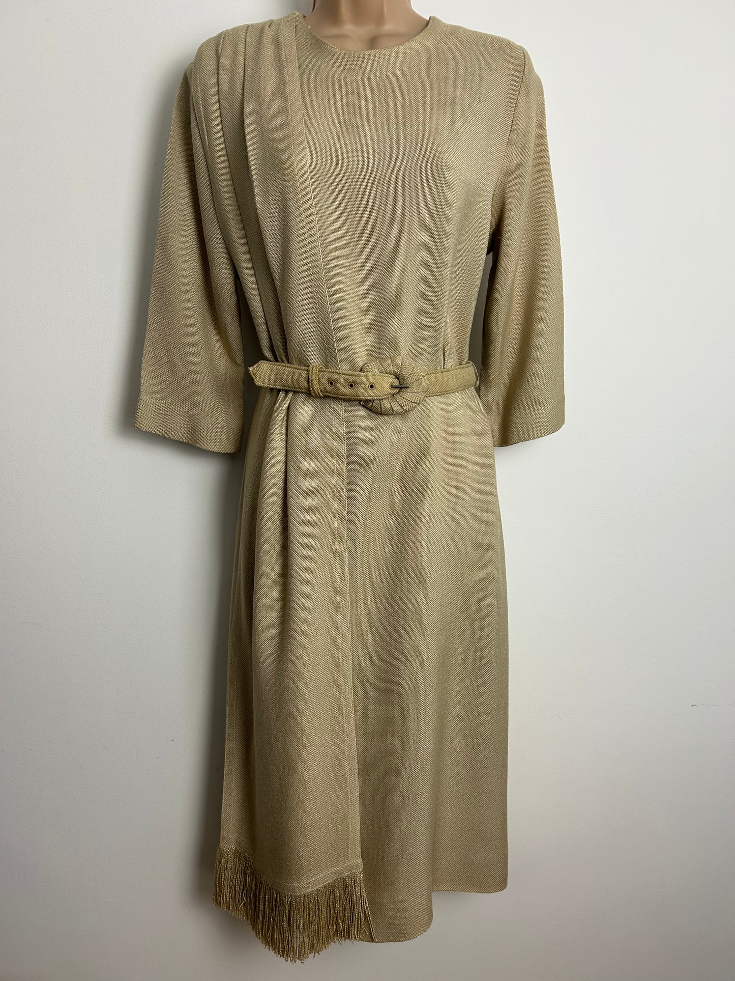 Vintage 1950s CHARLES BUTLER Size 12 Beige MOYGASHEL Irish Linen Belted Dress