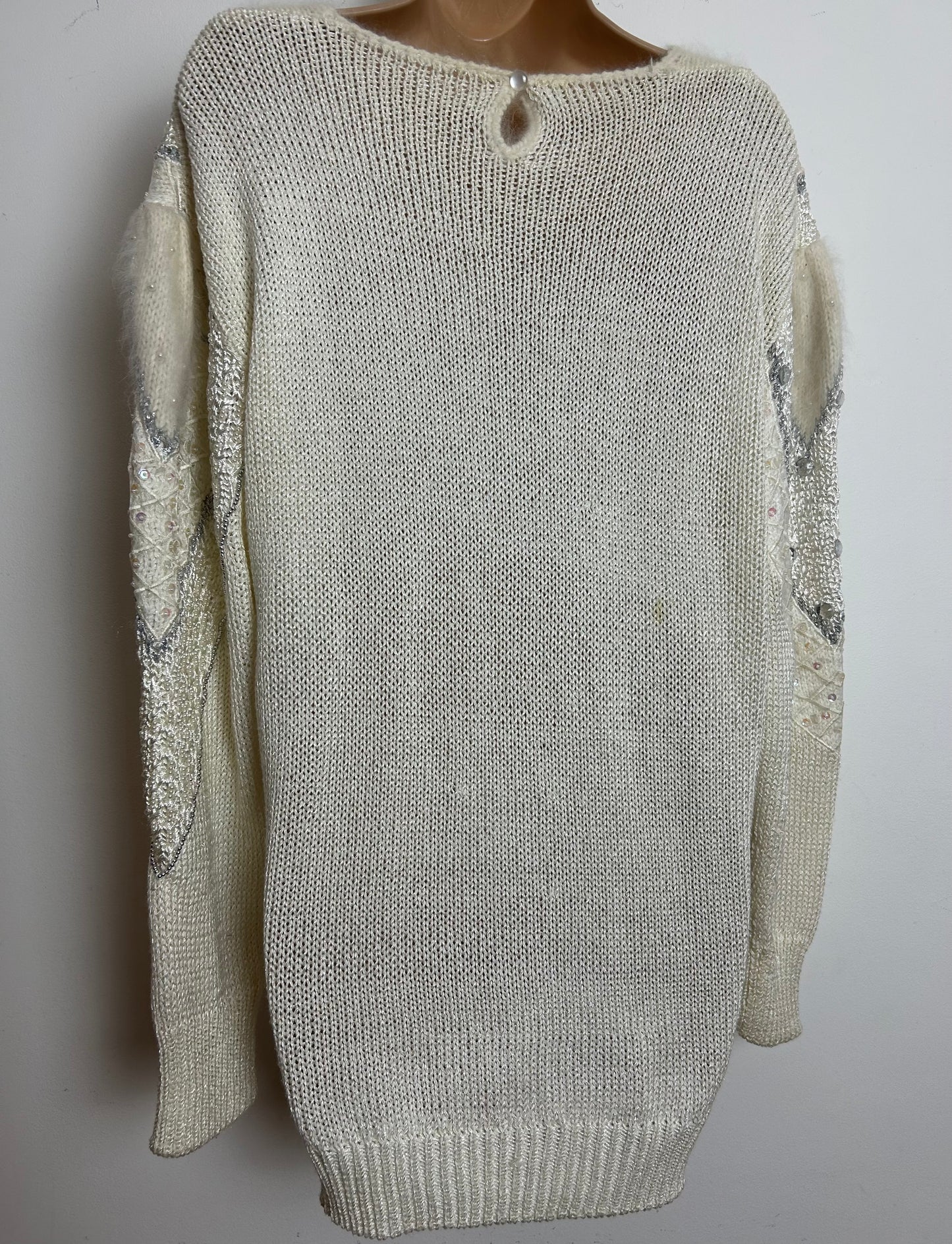 Vintage 1980s Up To Size 18-20 Winter White Sequin & Jewel Detail Winter Jumper