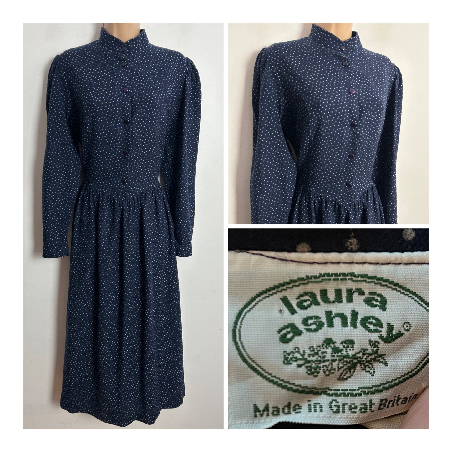 Vintage 1980s LAURA ASHLEY UK Size 10-12 (Size 14 On Label) Navy Blue Polka Dot Print Cotton Long Sleeve Day Dress