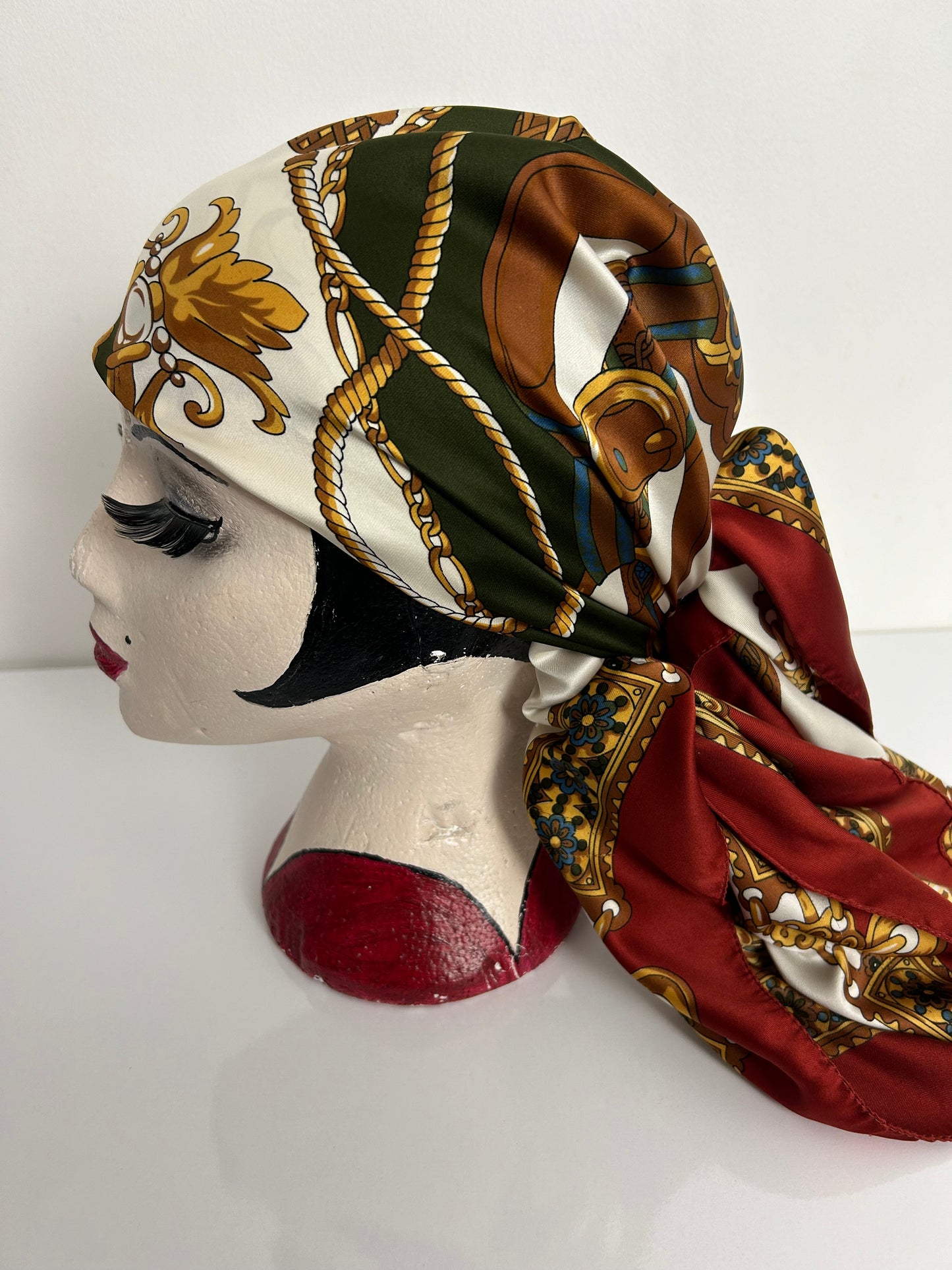 Vintage Rust Cream Brown & Green Baroque Nouveau Print Large Polyester Scarf 87cm x 87cm