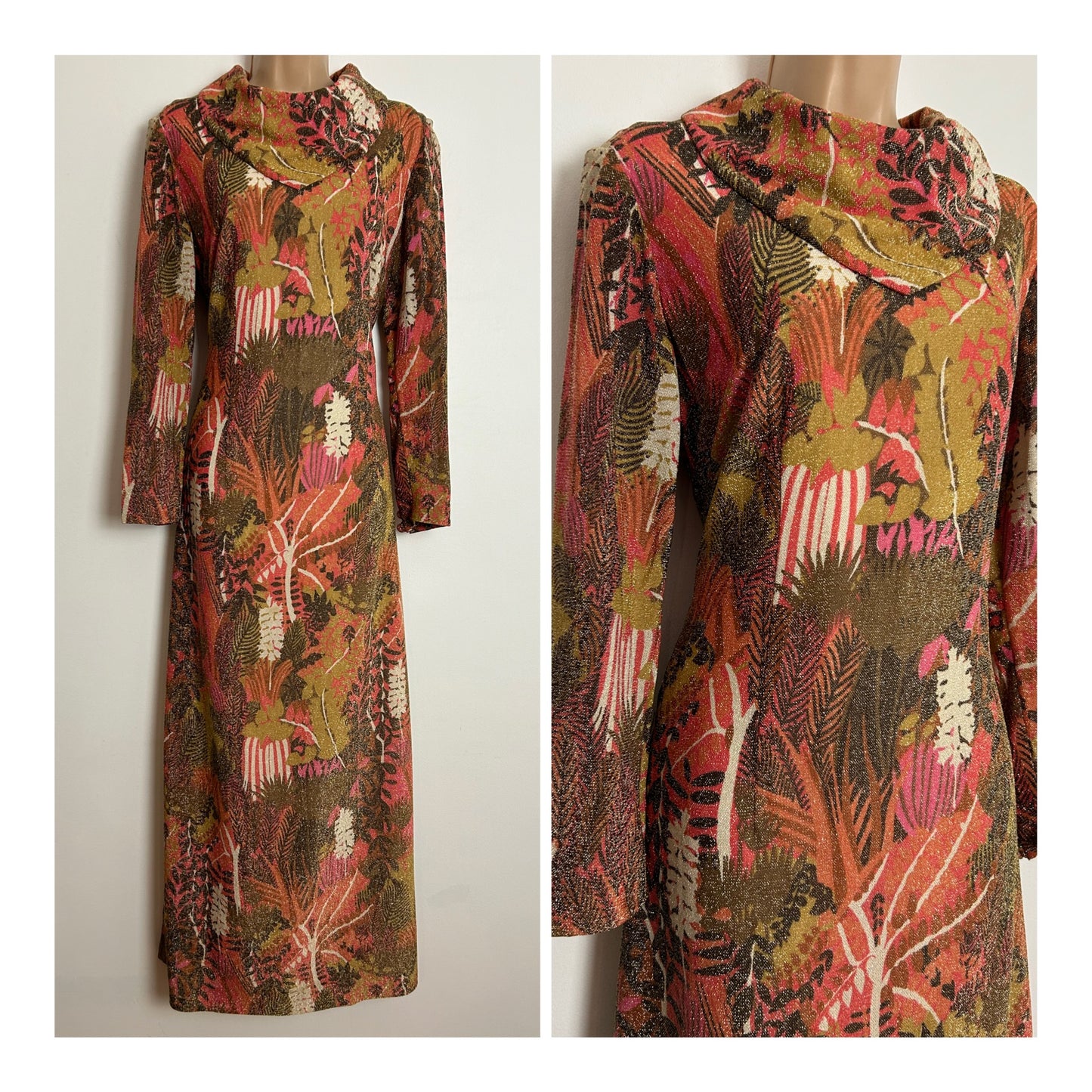 Vintage 1960s WYNDALE UK Size 12-14 Orange & Brown Tones Floral Print Lurex Occasion Maxi Dress