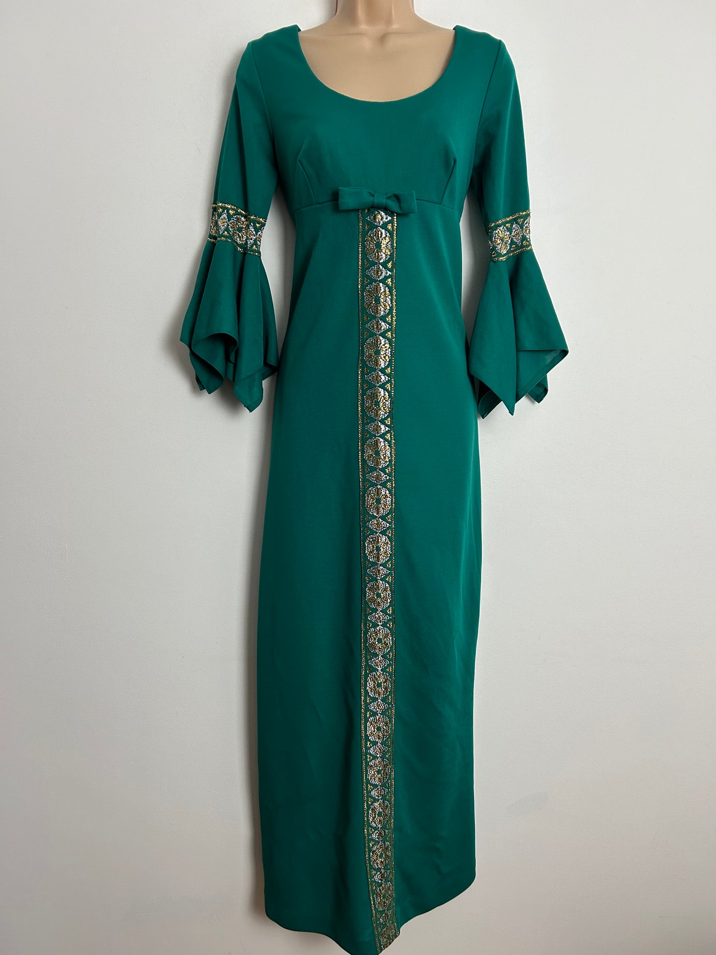 Vintage 1970s UK Size 8 Teal Green With Gold & Silver Braid Trim Handkerchief Cuff Maxi Dress